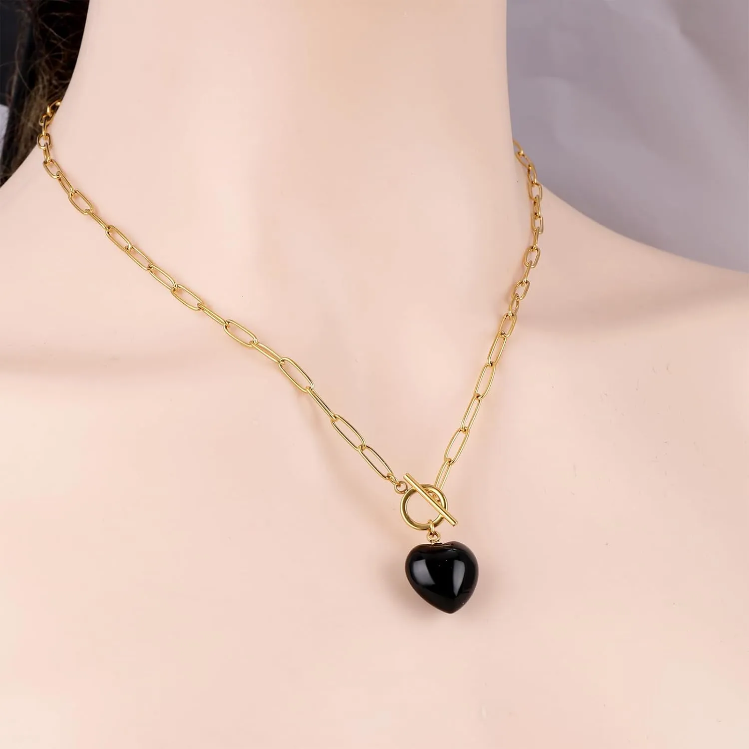 Gold Paperclip Toggle Necklace Natural Stone/Emerald Cut Birthstone Pendant Paper Clip Chain Necklace Toggle Paperclip Jewelry Birthday Gift for Women
