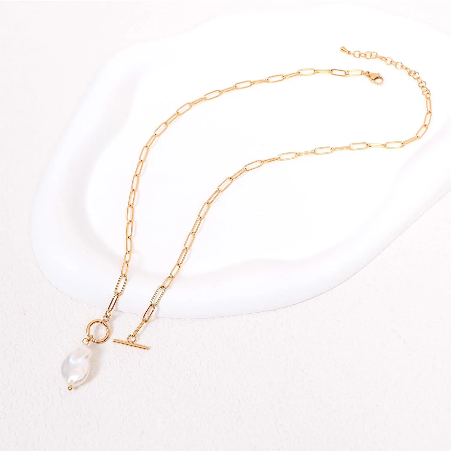Gold Paperclip Toggle Necklace Pendant for Women Natural Gemstone Pearl Cubic Zirconia Paper Clip Chain Necklace Toggle Paperclip Jewelry Gift for Women