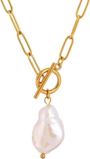 Gold Paperclip Toggle Necklace Pendant for Women Natural Gemstone Pearl Cubic Zirconia Paper Clip Chain Necklace Toggle Paperclip Jewelry Gift for Women