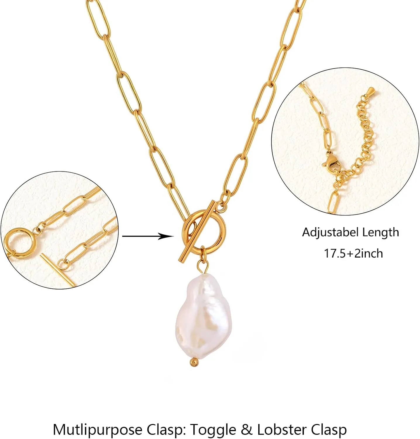 Gold Paperclip Toggle Necklace Pendant for Women Natural Gemstone Pearl Cubic Zirconia Paper Clip Chain Necklace Toggle Paperclip Jewelry Gift for Women