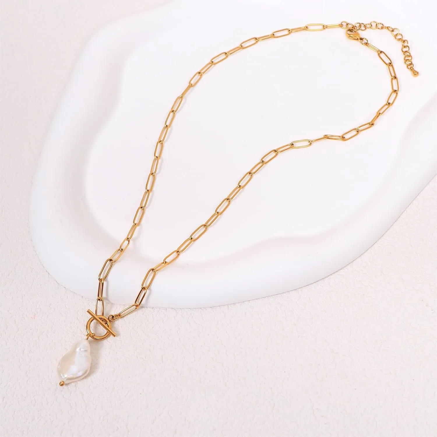 Gold Paperclip Toggle Necklace Pendant for Women Natural Gemstone Pearl Cubic Zirconia Paper Clip Chain Necklace Toggle Paperclip Jewelry Gift for Women