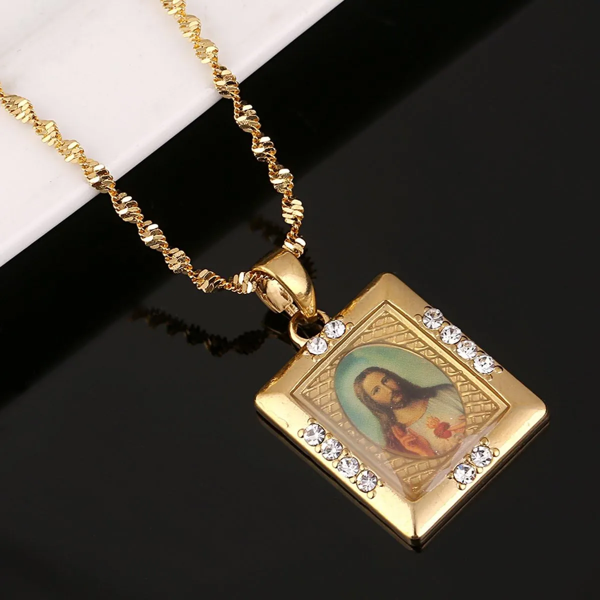 Gold Plated Jesus Pendant Christian Jewelry Enamel Blessed Jesus Image Necklace Jewelry