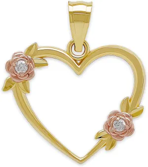 Gold Simple Heart with CZ Roses Charm - 10 Karat Solid Gold - Heart Pendant Charm