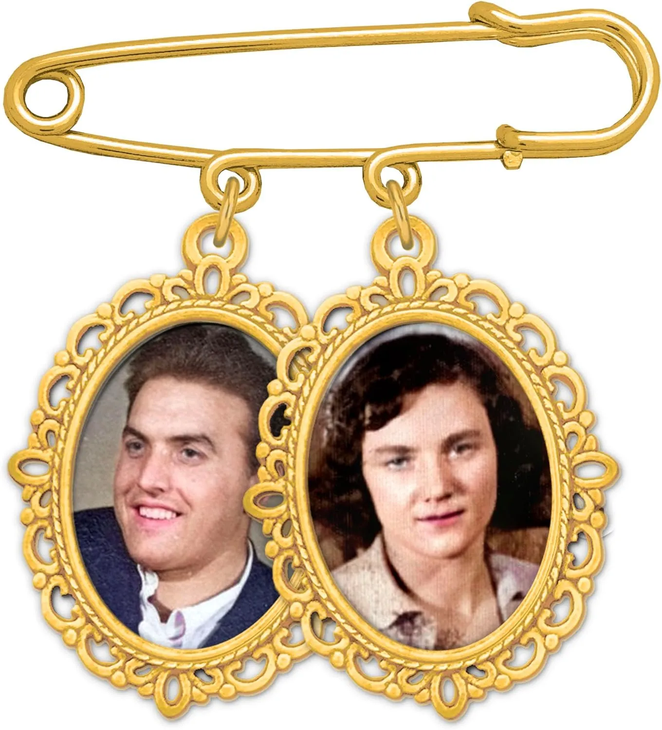 Gold Wedding Bouquet Photo Charm Pin Holds 2 Pictures Double Photo Charm Boutonniere Pin with Resizer