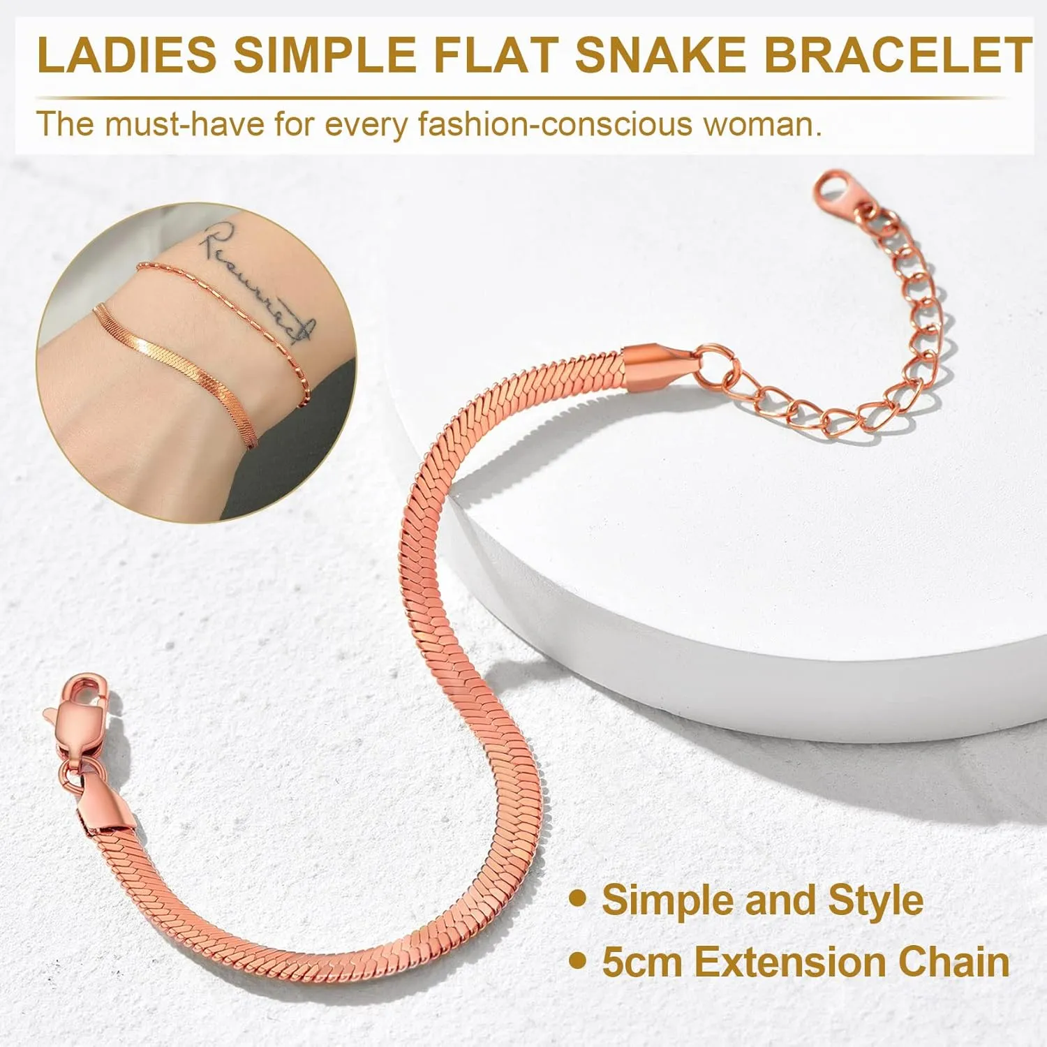 GOLDCHIC JEWELRY Flat Snake Chain Bracelets for Women Men, 3mm / 5mm Herringbone Link Bracelet, 6.3 2 inches