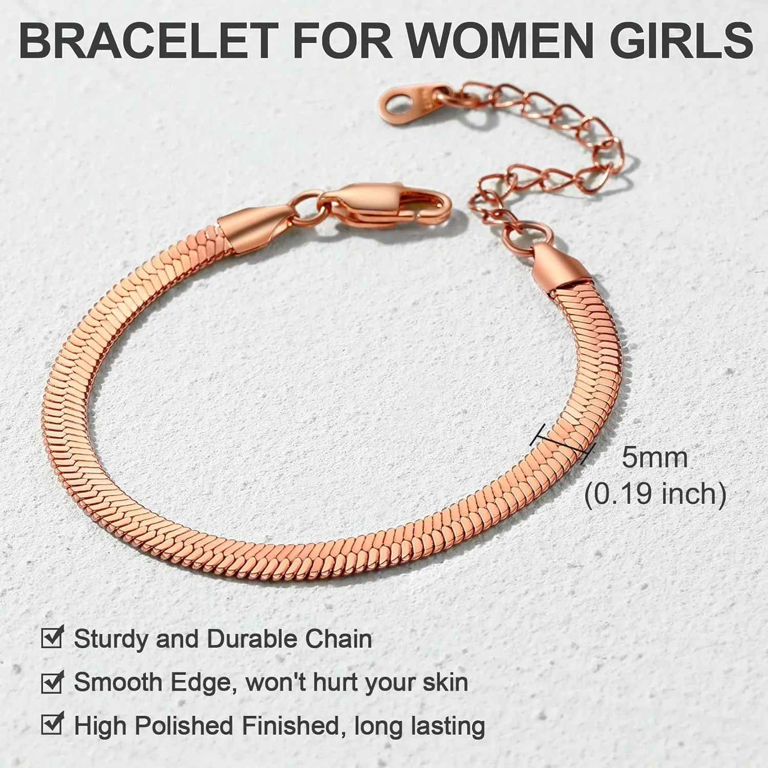 GOLDCHIC JEWELRY Flat Snake Chain Bracelets for Women Men, 3mm / 5mm Herringbone Link Bracelet, 6.3 2 inches