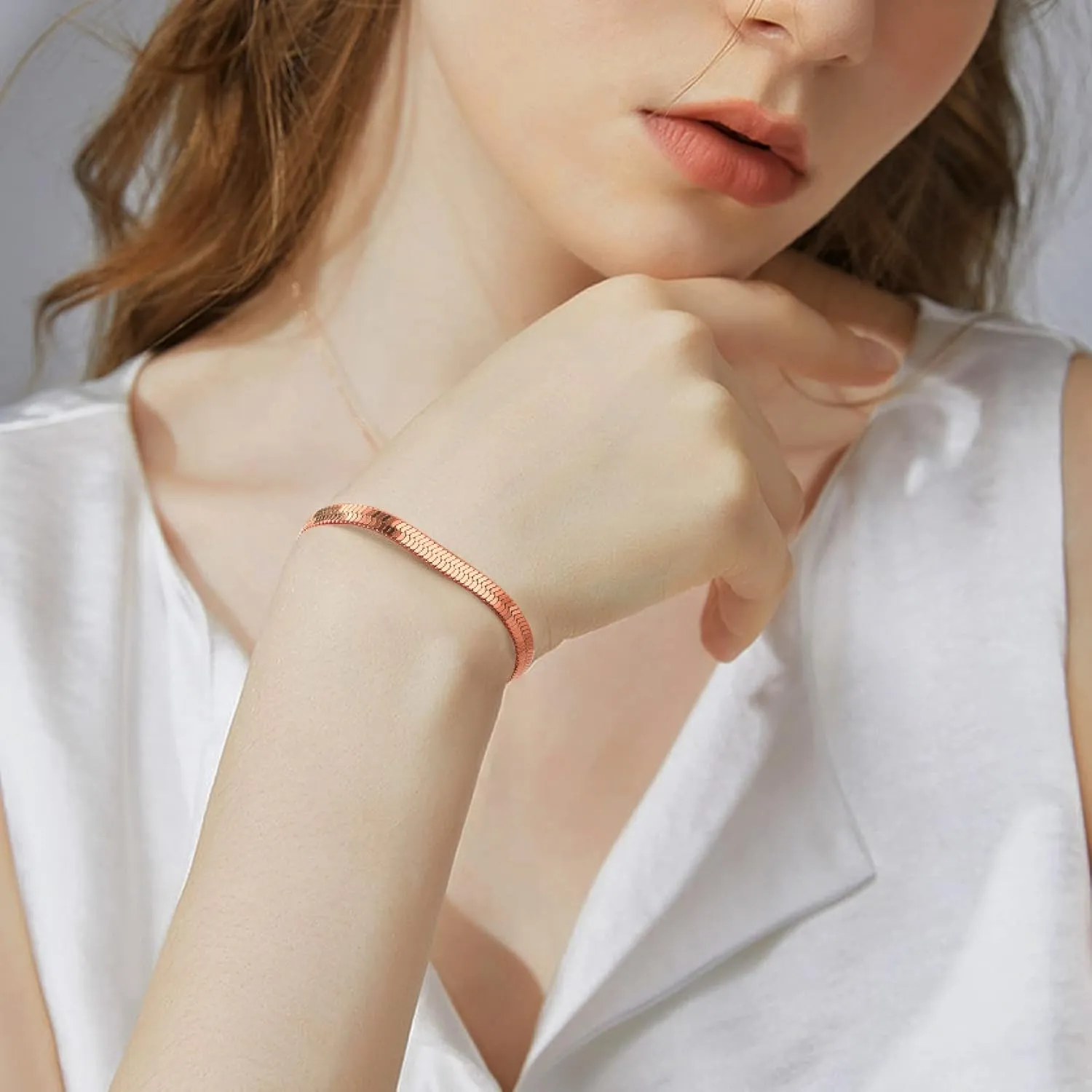 GOLDCHIC JEWELRY Flat Snake Chain Bracelets for Women Men, 3mm / 5mm Herringbone Link Bracelet, 6.3 2 inches