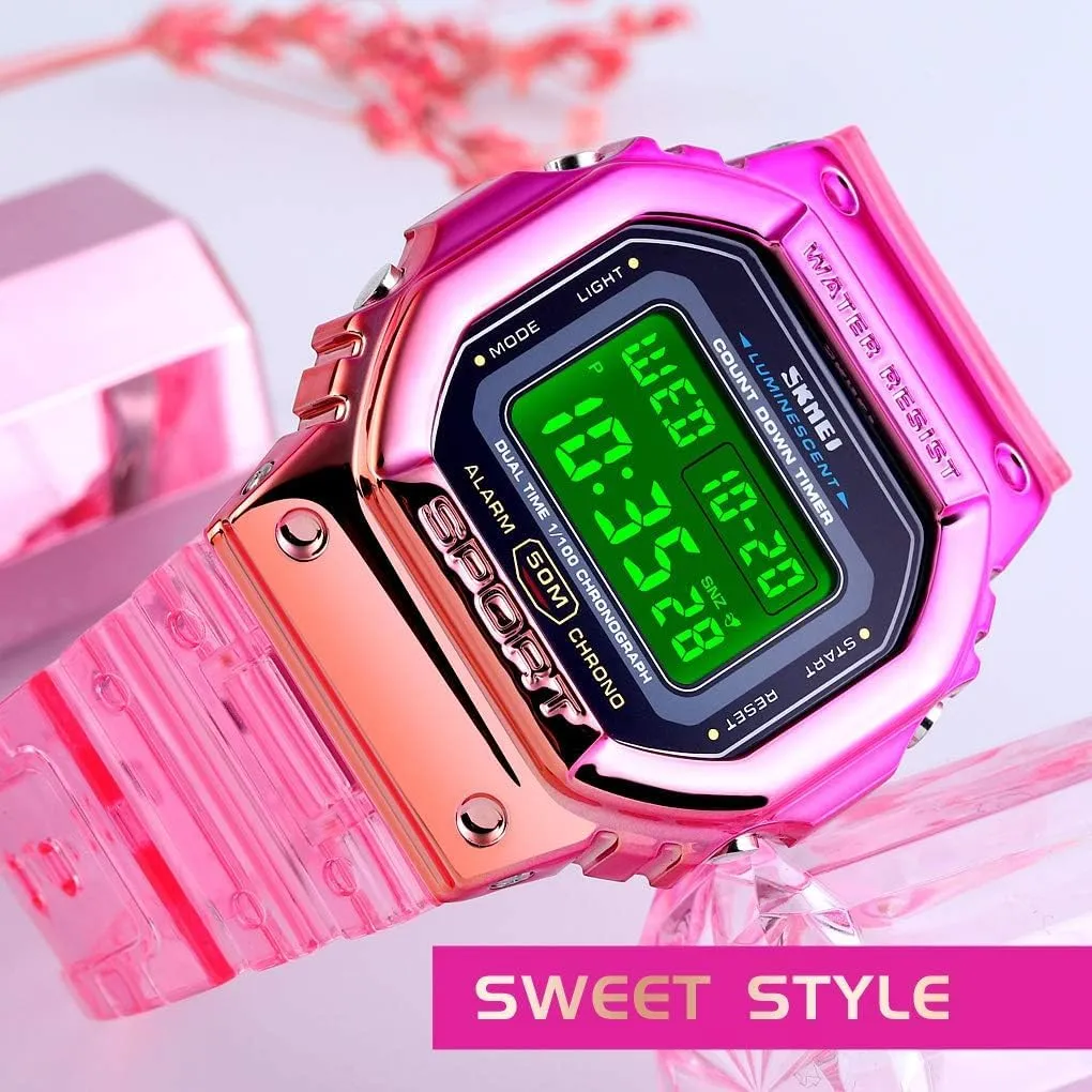 Gosasa Outdoor Sport Unisex Watches LED Light Digital Watches Transparent Multifunctional Wristwatch for Men and Women Casual Style Stopwatch Date 5Bar Waterproof