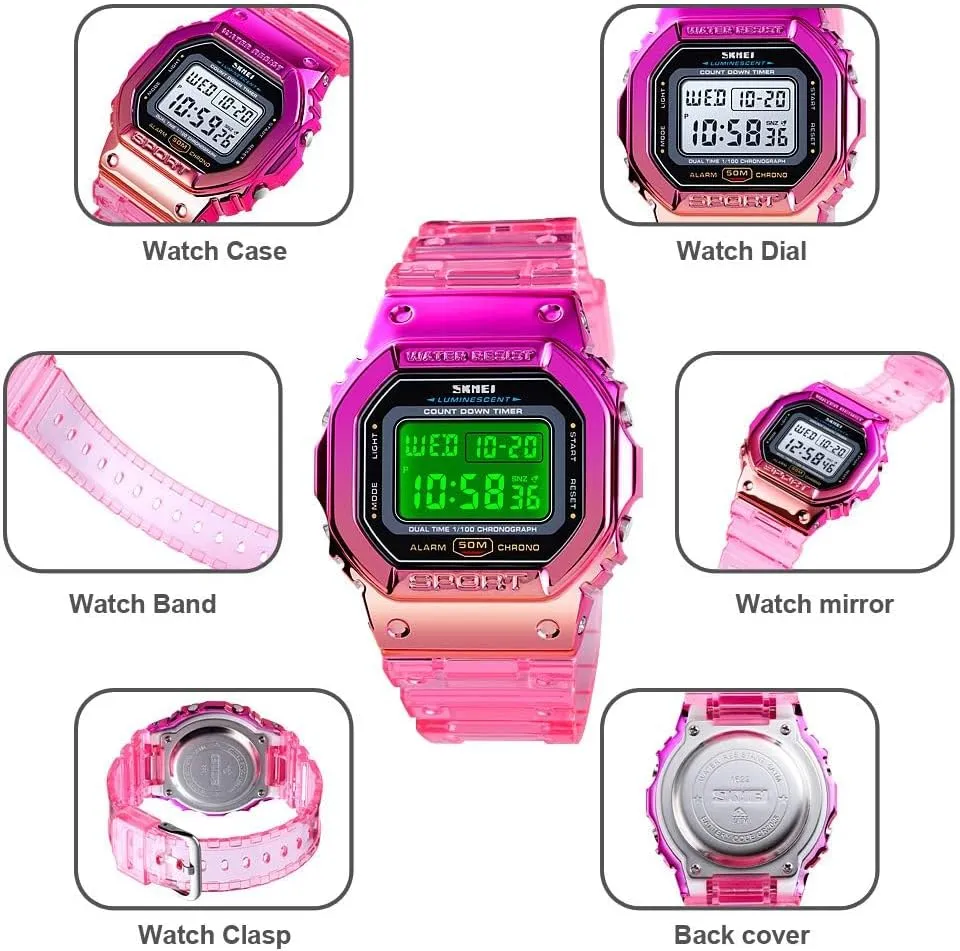 Gosasa Outdoor Sport Unisex Watches LED Light Digital Watches Transparent Multifunctional Wristwatch for Men and Women Casual Style Stopwatch Date 5Bar Waterproof