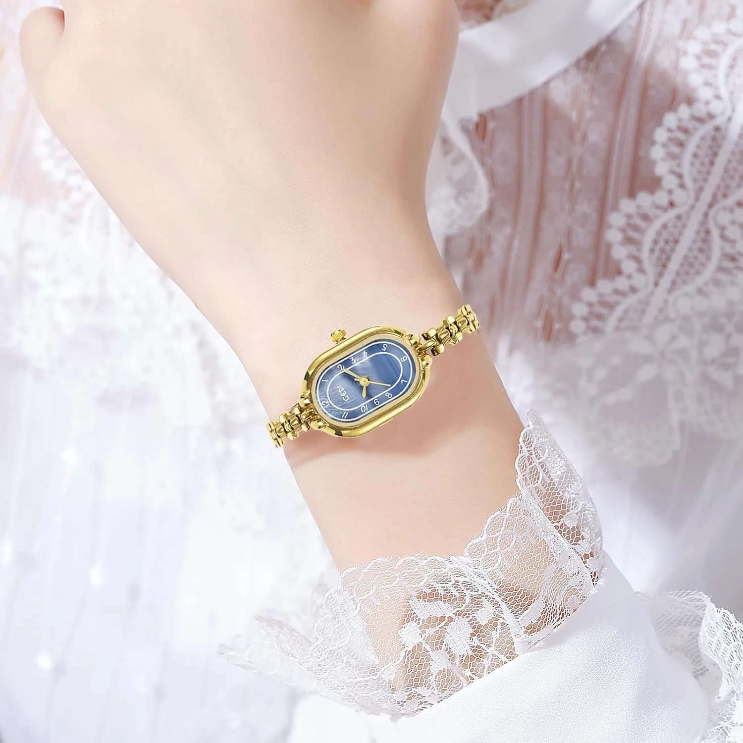 Gosasa Vintage Gold Watch for Women Small Gold Oval dial Dainty Bracelet Quartz Elegant Women's Dress Watch Waterproof Stainless Steel Band Tool Included