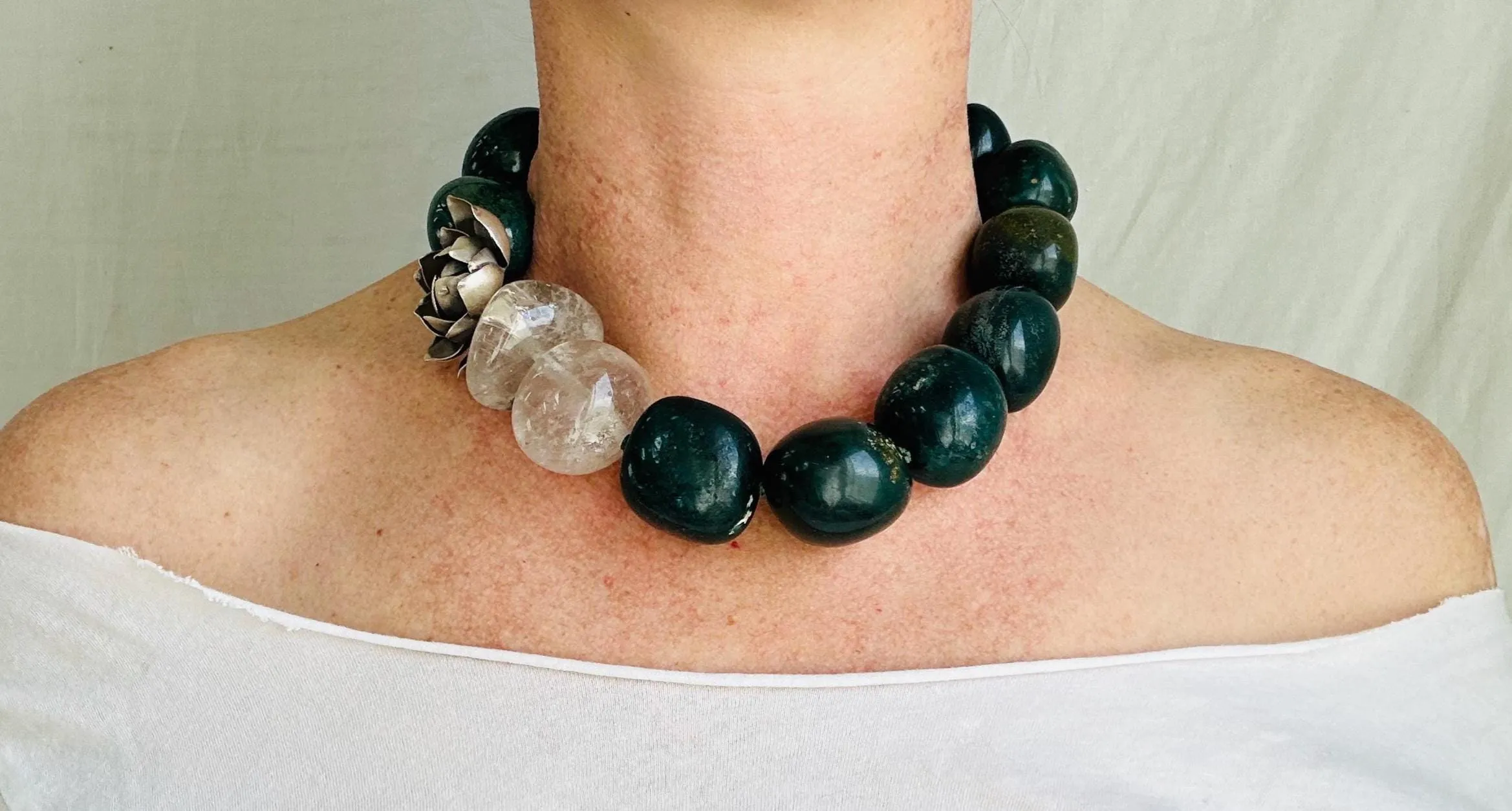 Green Jasper & Quartz Lotus Necklace. Handmade Designer Jewelry. Stone and Sterling Silver.