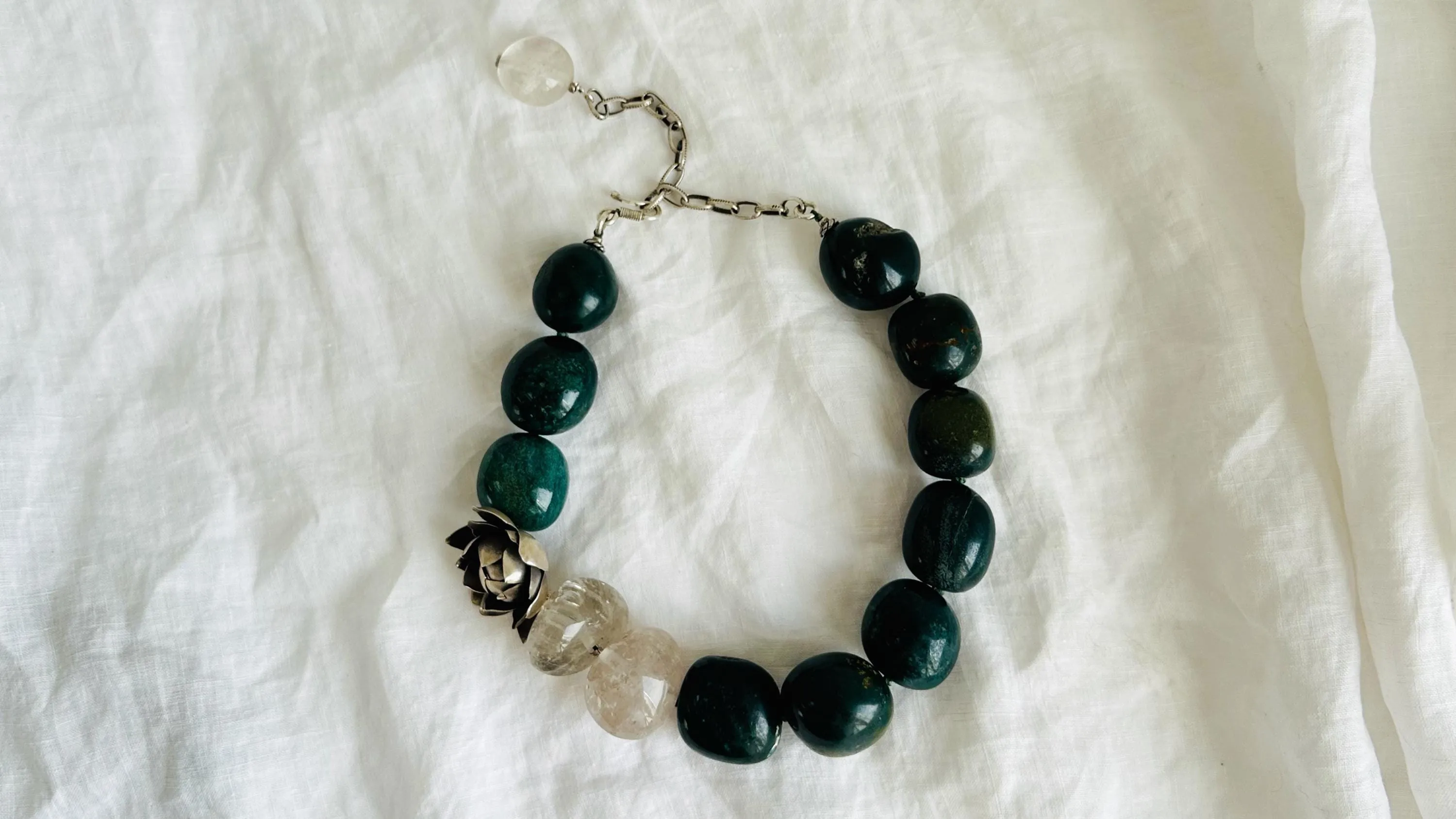 Green Jasper & Quartz Lotus Necklace. Handmade Designer Jewelry. Stone and Sterling Silver.