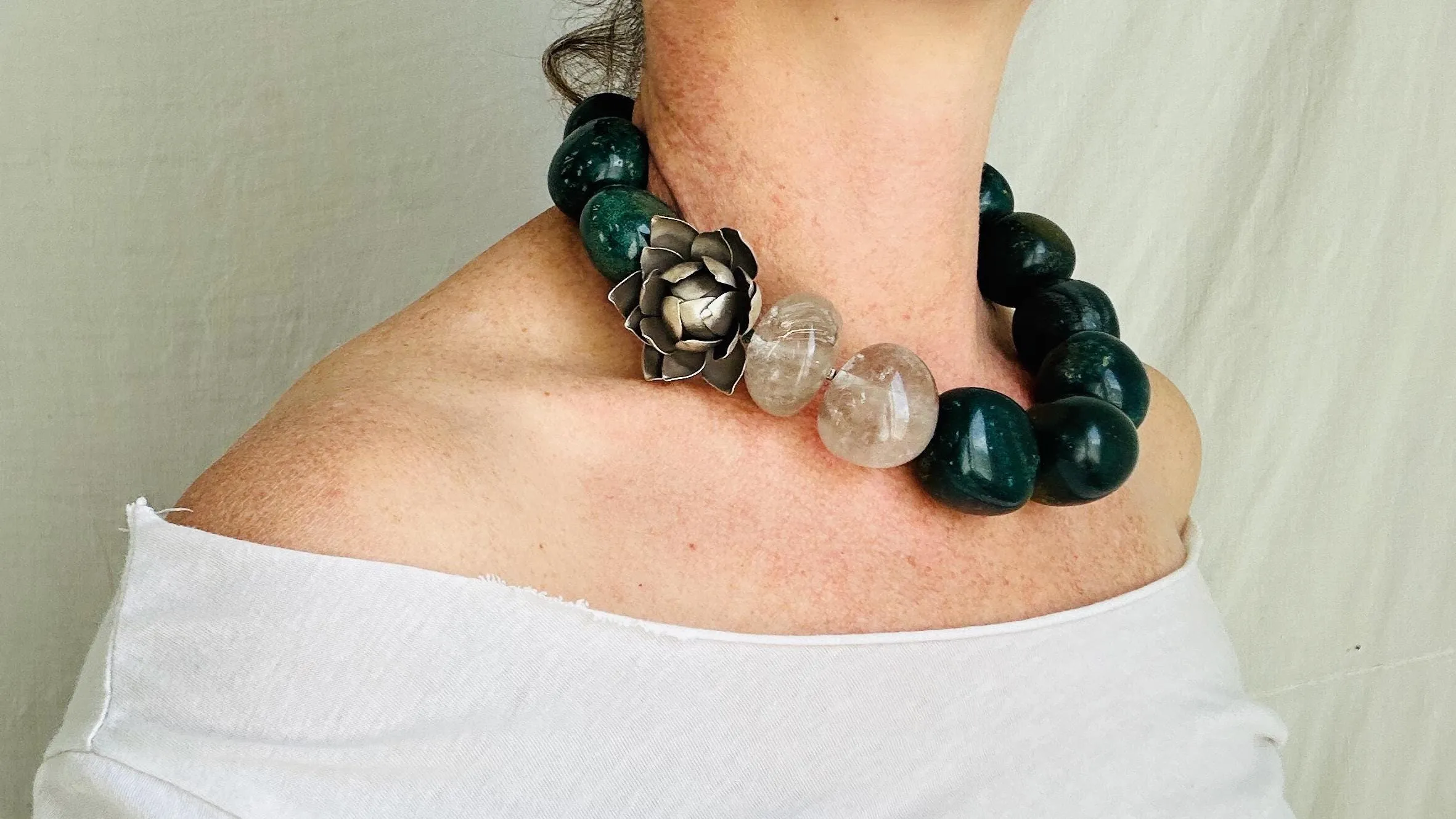 Green Jasper & Quartz Lotus Necklace. Handmade Designer Jewelry. Stone and Sterling Silver.