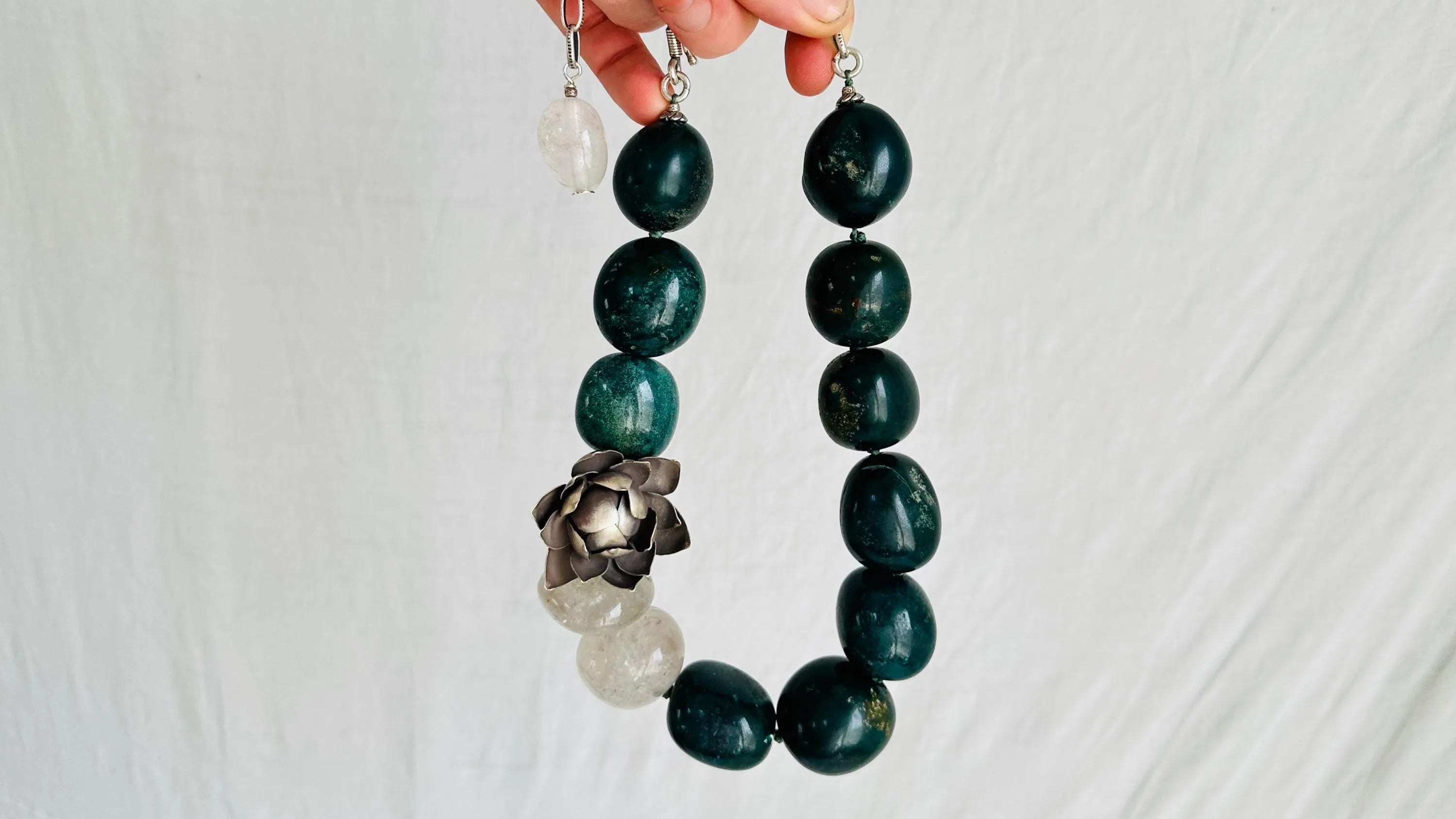 Green Jasper & Quartz Lotus Necklace. Handmade Designer Jewelry. Stone and Sterling Silver.