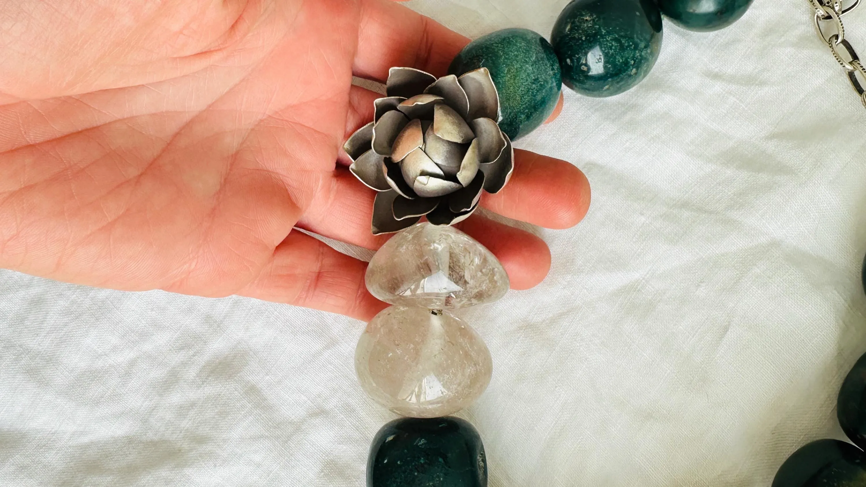 Green Jasper & Quartz Lotus Necklace. Handmade Designer Jewelry. Stone and Sterling Silver.