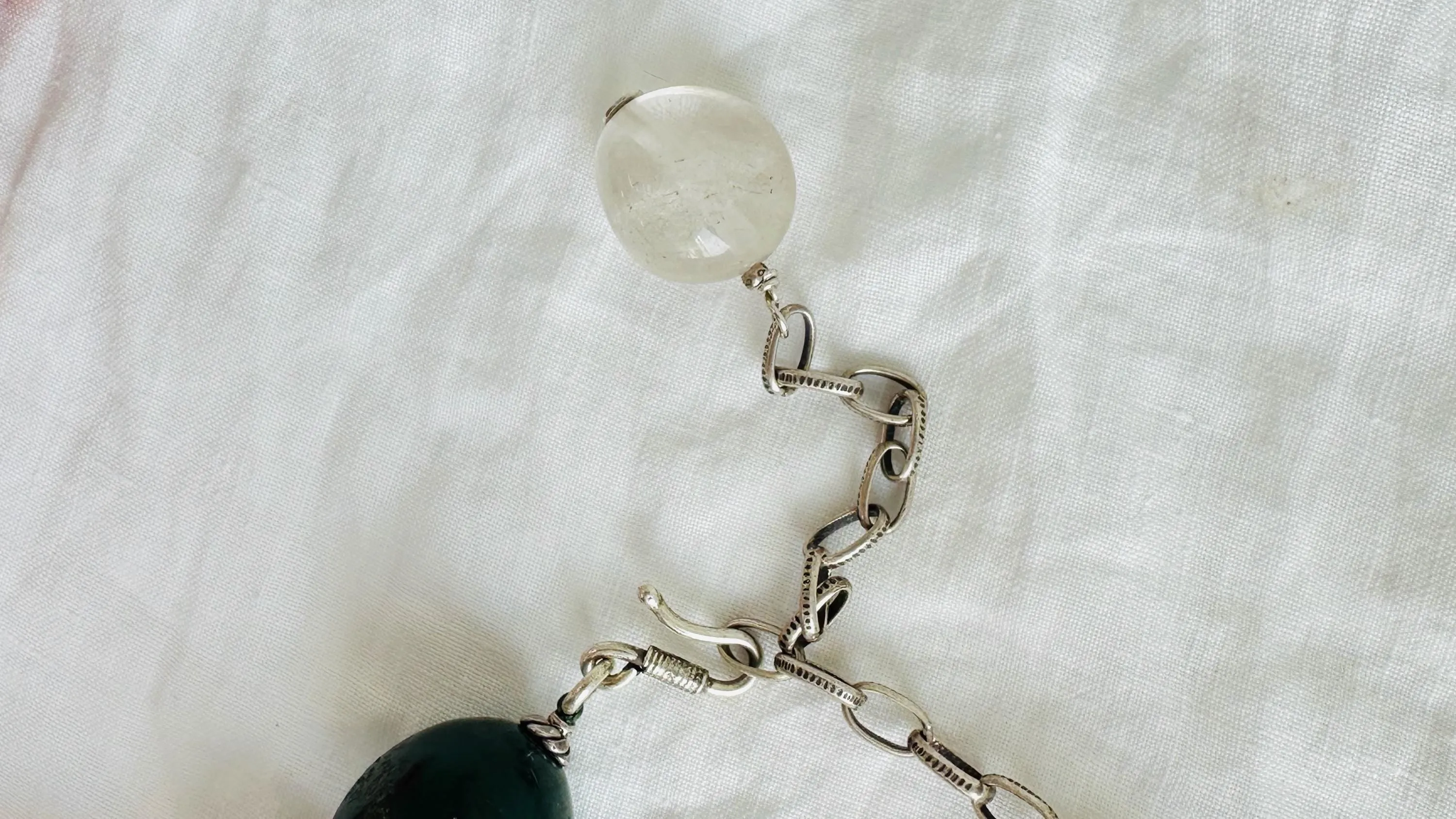 Green Jasper & Quartz Lotus Necklace. Handmade Designer Jewelry. Stone and Sterling Silver.