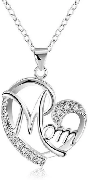 Heart Mom Necklace Crystal Shiny MOM Heart Shape Pendant Necklace Love Heart Mom Pendant Necklace Mother Heart Necklace Jewelry Gifts Perfect Silver Tone Heart Necklace for Mom Wife