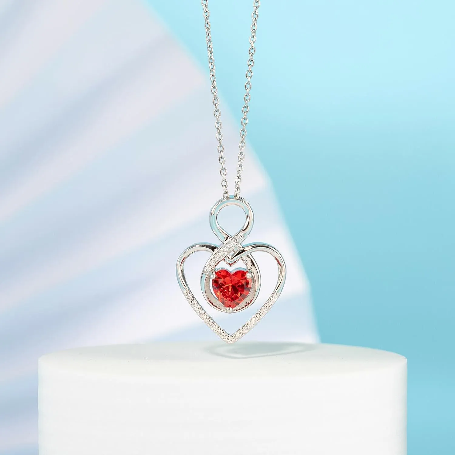 Heart Necklace for Women, 925 Silver Necklace with Red Infinity Heart Pendant, Personalized Birthstone Necklace Anniversary Birthday Gifts for Wife, girlfriend, Mom