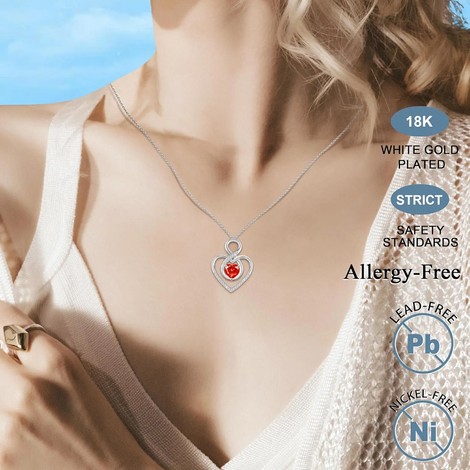 Heart Necklace for Women, 925 Silver Necklace with Red Infinity Heart Pendant, Personalized Birthstone Necklace Anniversary Birthday Gifts for Wife, girlfriend, Mom