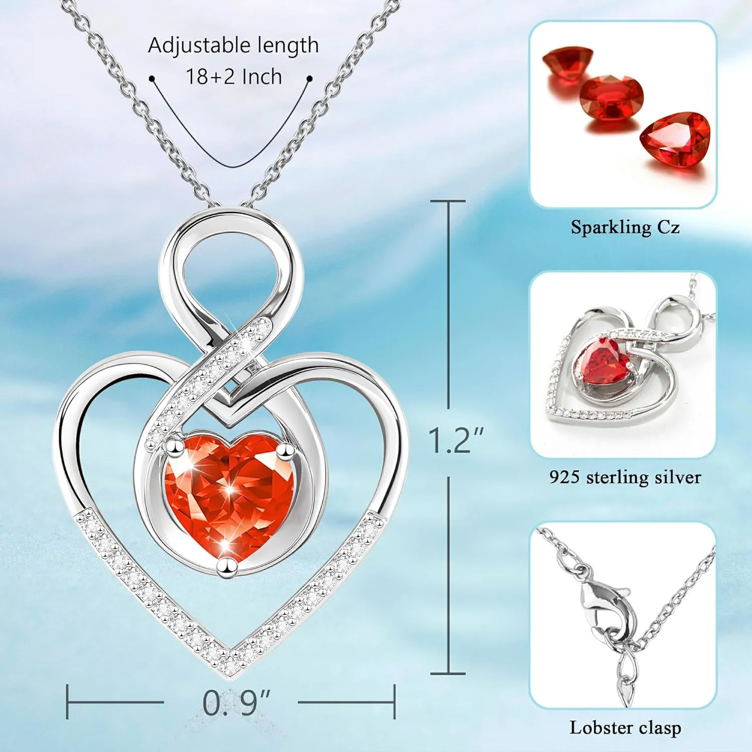 Heart Necklace for Women, 925 Silver Necklace with Red Infinity Heart Pendant, Personalized Birthstone Necklace Anniversary Birthday Gifts for Wife, girlfriend, Mom