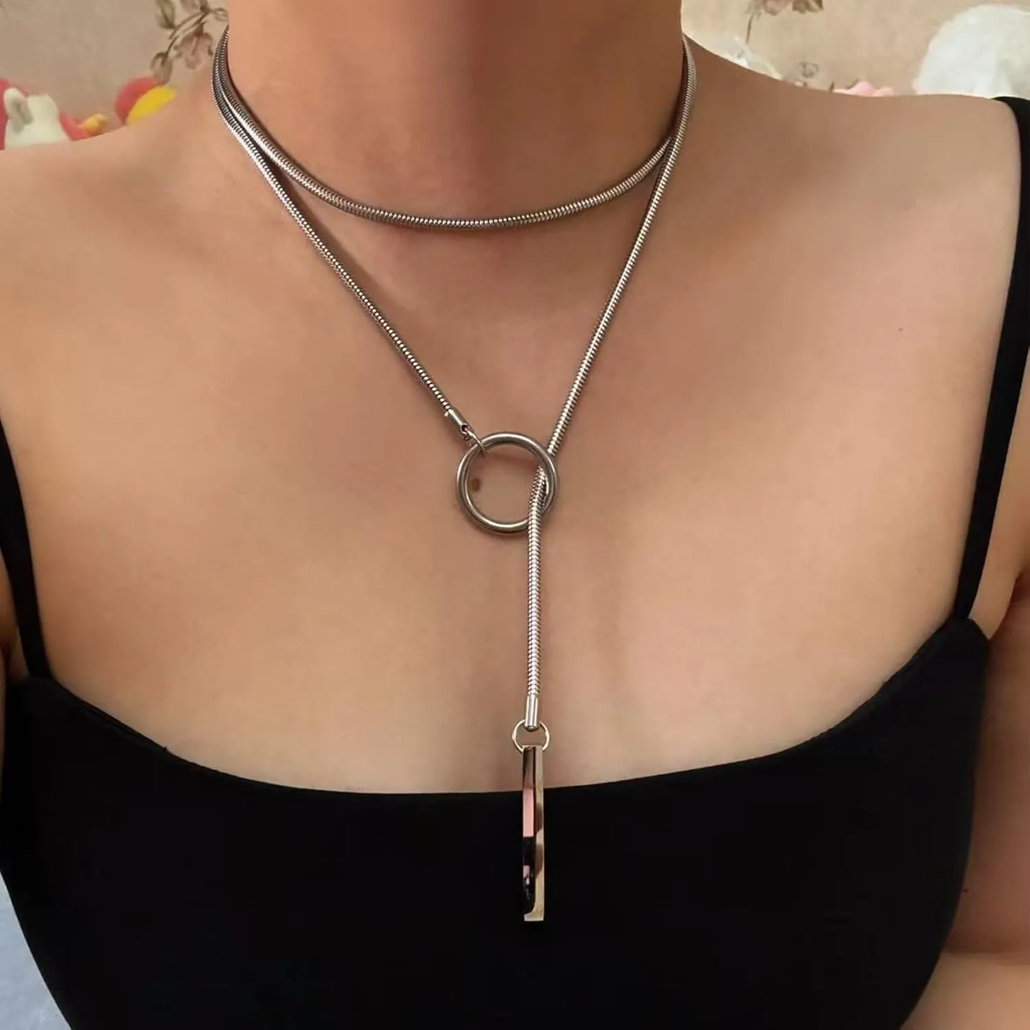 Heart O ring Slip Chain Necklaces for Women Stainless Steel Cuban Chain Bar Necklace Punk Rock Collar Necklace Handmade Adjustable Lariat Y Necklaces for Men