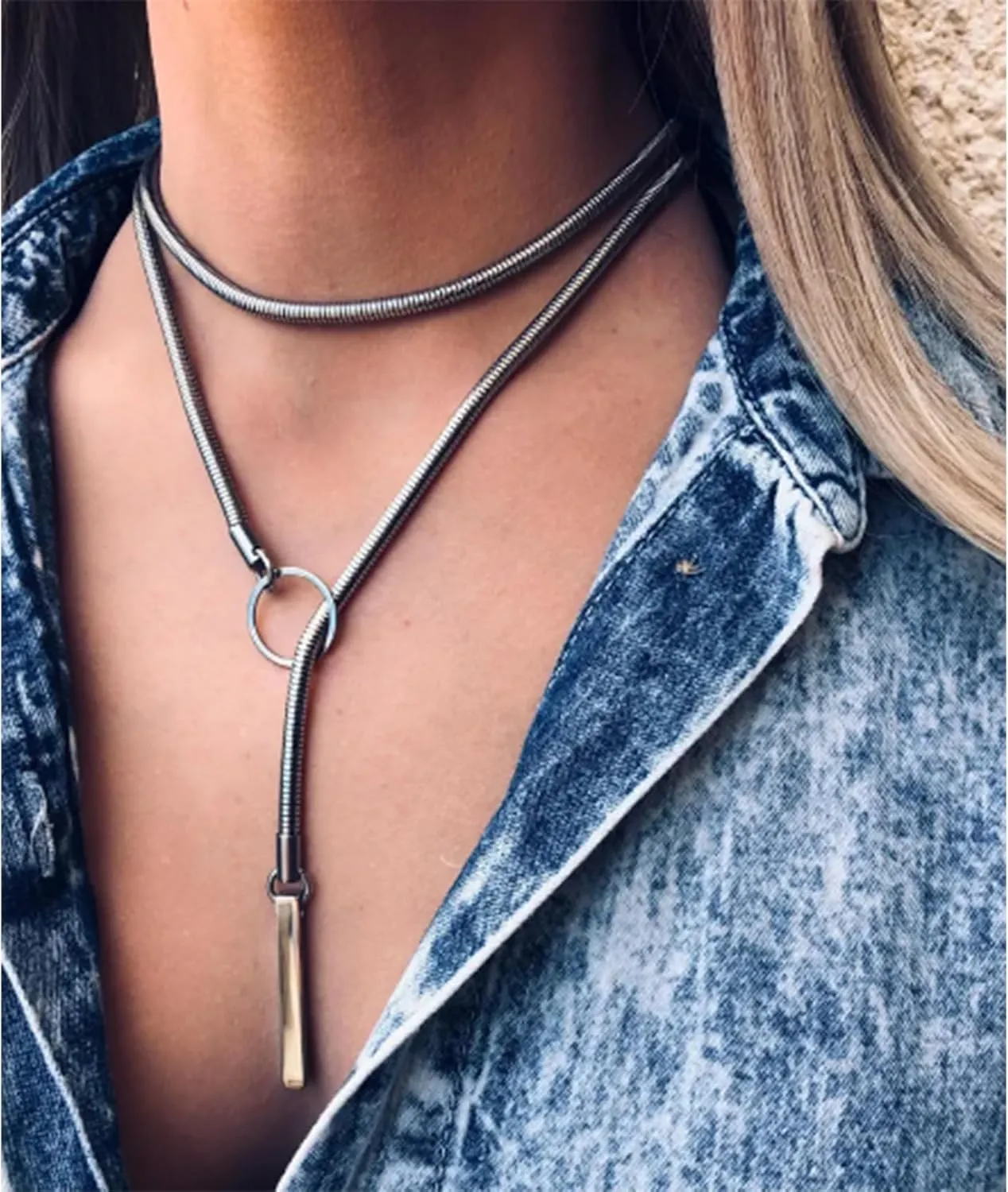 Heart O ring Slip Chain Necklaces for Women Stainless Steel Cuban Chain Bar Necklace Punk Rock Collar Necklace Handmade Adjustable Lariat Y Necklaces for Men