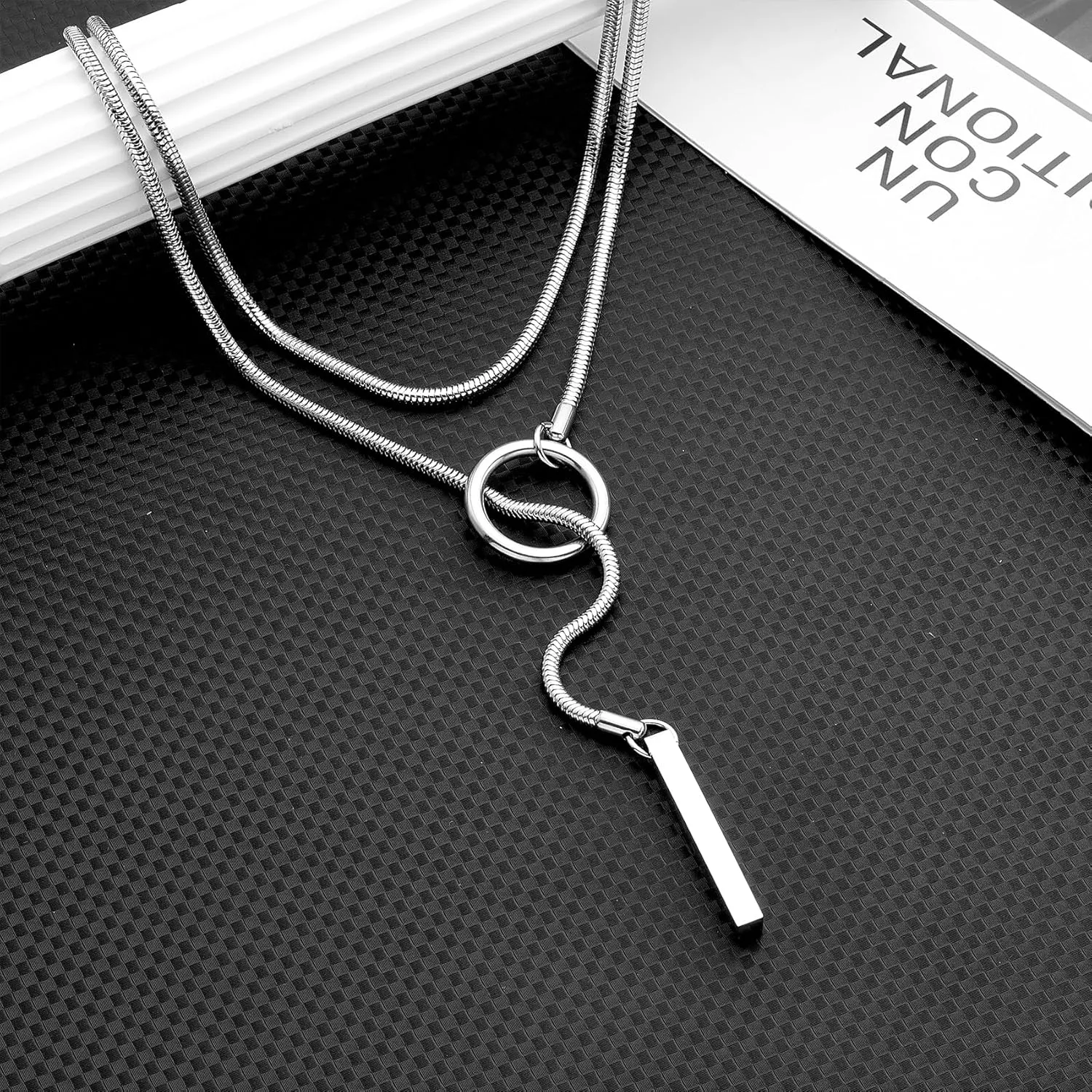 Heart O ring Slip Chain Necklaces for Women Stainless Steel Cuban Chain Bar Necklace Punk Rock Collar Necklace Handmade Adjustable Lariat Y Necklaces for Men