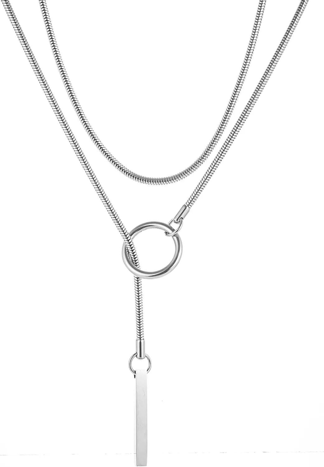 Heart O ring Slip Chain Necklaces for Women Stainless Steel Cuban Chain Bar Necklace Punk Rock Collar Necklace Handmade Adjustable Lariat Y Necklaces for Men