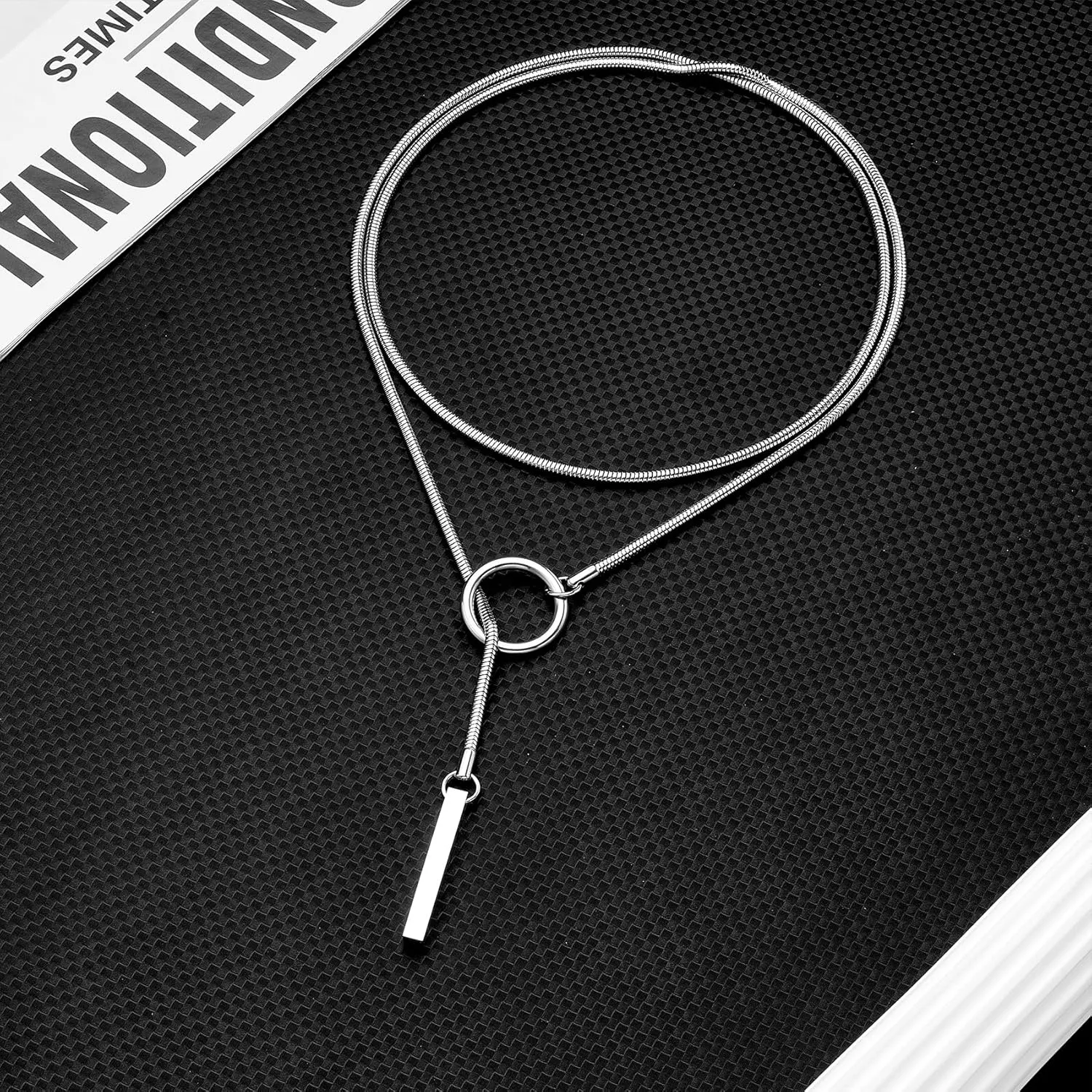 Heart O ring Slip Chain Necklaces for Women Stainless Steel Cuban Chain Bar Necklace Punk Rock Collar Necklace Handmade Adjustable Lariat Y Necklaces for Men