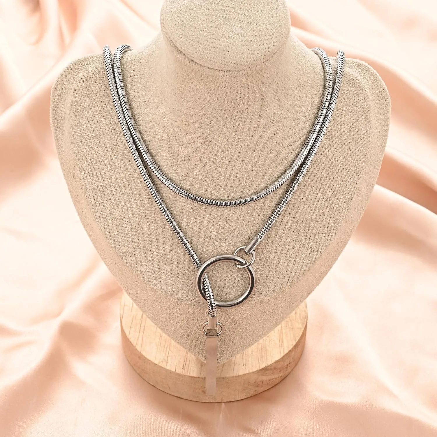 Heart O ring Slip Chain Necklaces for Women Stainless Steel Cuban Chain Bar Necklace Punk Rock Collar Necklace Handmade Adjustable Lariat Y Necklaces for Men