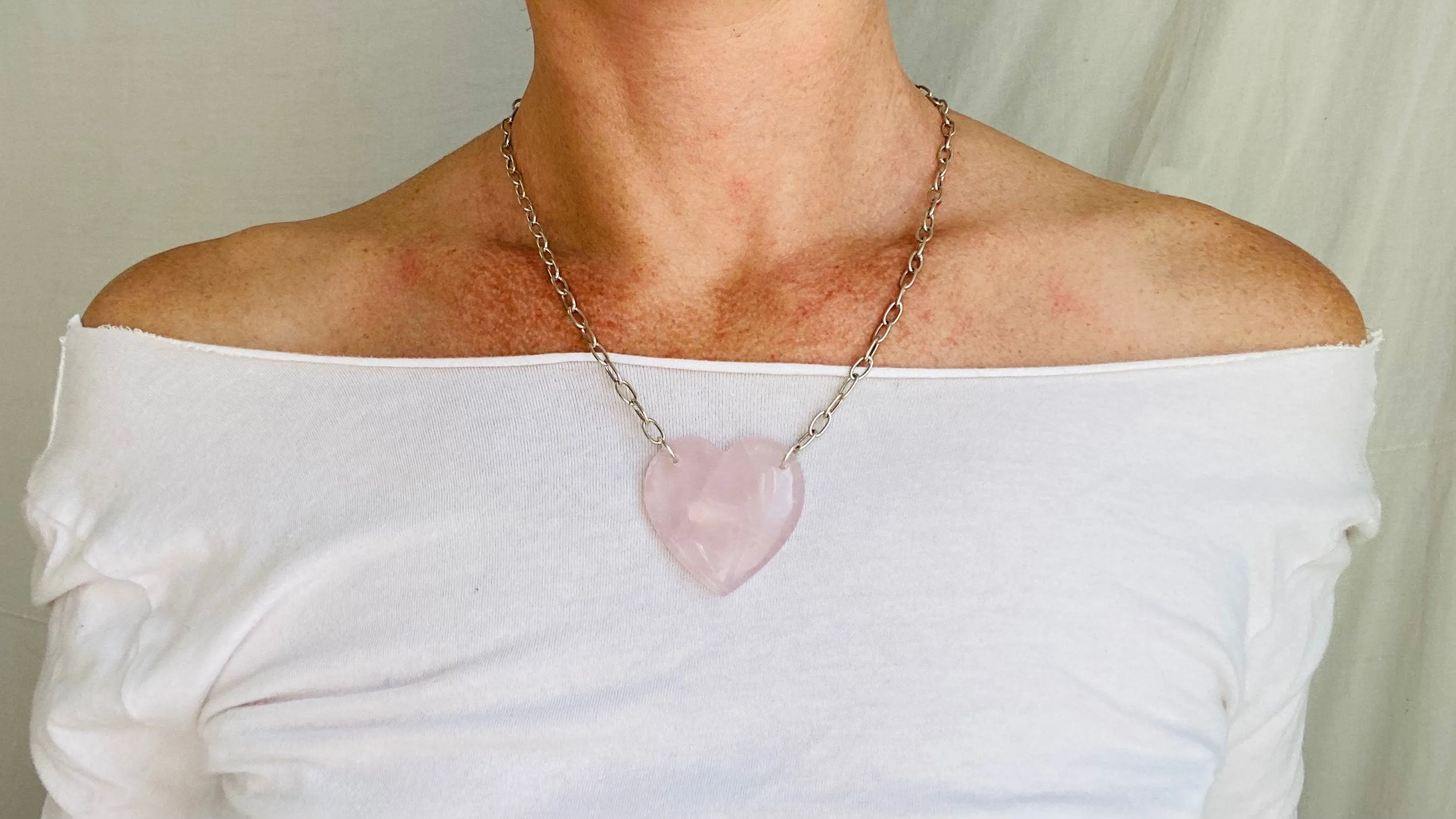 Heart Pendant Silver Chain. Rose Quartz & Fine Silver.