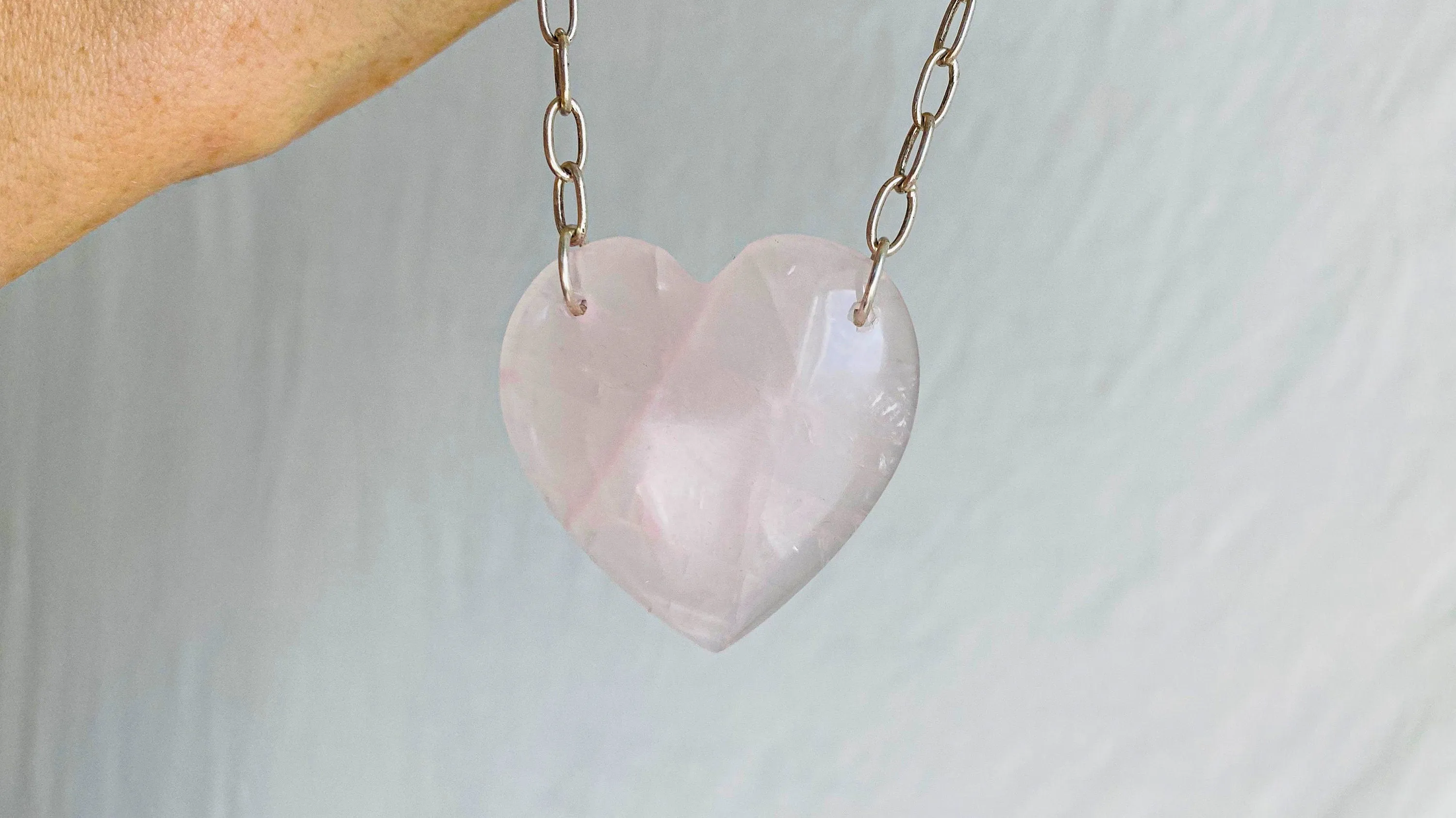 Heart Pendant Silver Chain. Rose Quartz & Fine Silver.