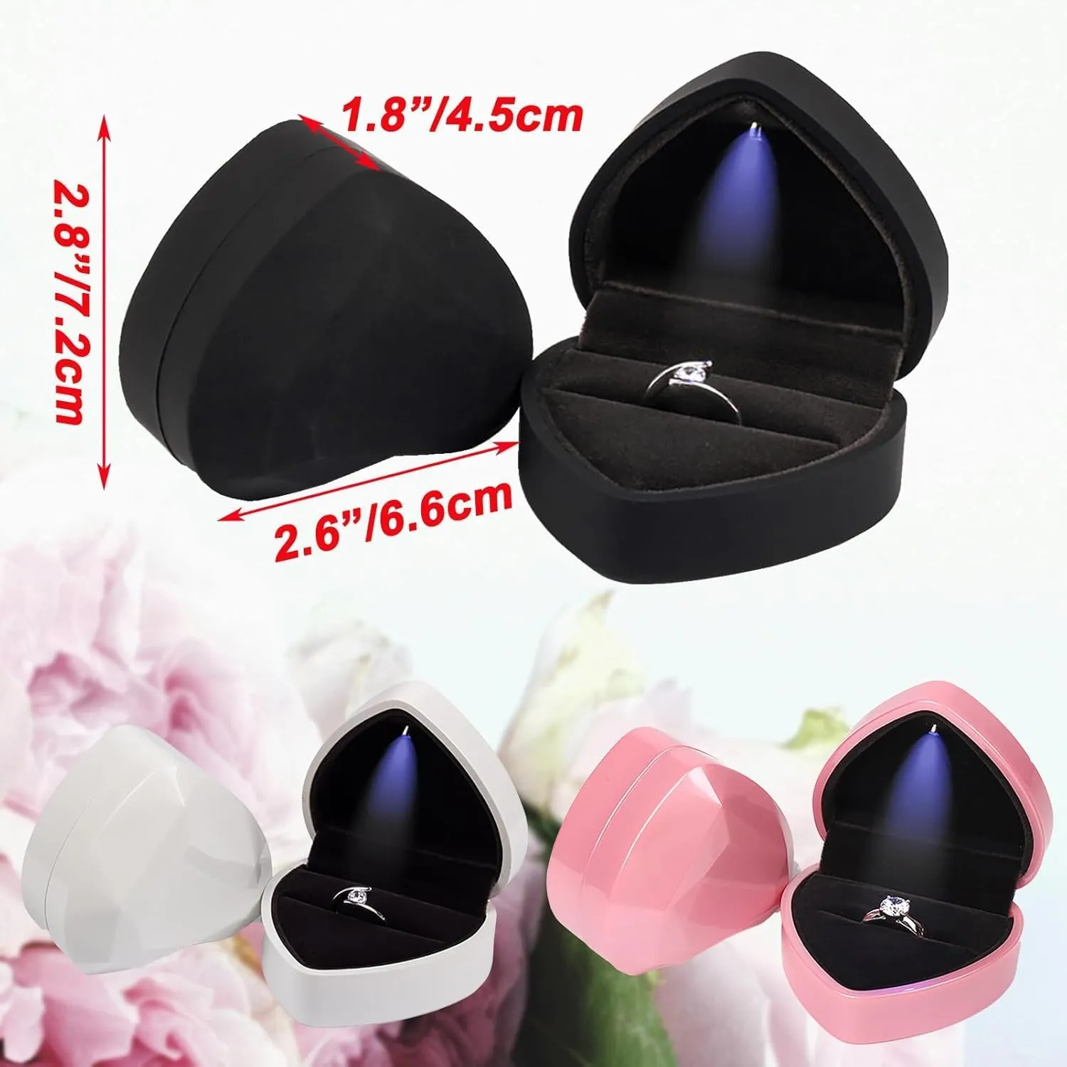 Heart Ring Box with LED Light, Luxury LED Lighted Engagement Ring Box, Velvet Earrings Jewelry Case with Light, Jewelry Display Box for Wedding, Engagement, Proposal, Birthday and Anniversary-Pink