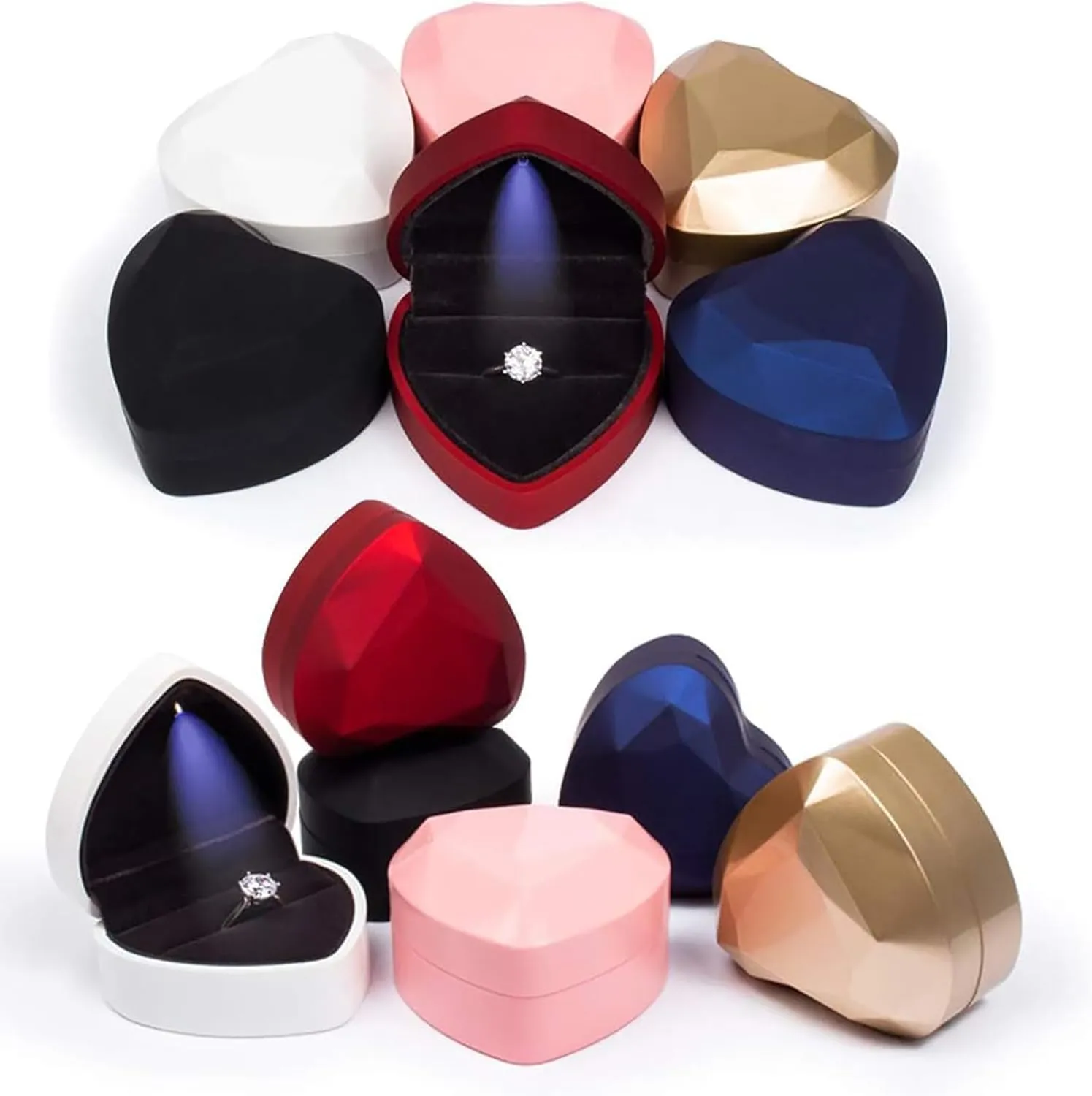 Heart Ring Box with LED Light, Luxury LED Lighted Engagement Ring Box, Velvet Earrings Jewelry Case with Light, Jewelry Display Box for Wedding, Engagement, Proposal, Birthday and Anniversary-Pink