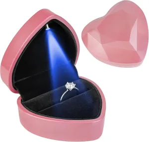 Heart Ring Box with LED Light, Luxury LED Lighted Engagement Ring Box, Velvet Earrings Jewelry Case with Light, Jewelry Display Box for Wedding, Engagement, Proposal, Birthday and Anniversary-Pink