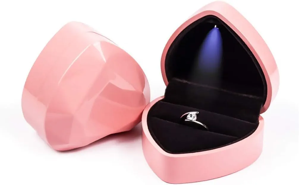Heart Ring Box with LED Light, Luxury LED Lighted Engagement Ring Box, Velvet Earrings Jewelry Case with Light, Jewelry Display Box for Wedding, Engagement, Proposal, Birthday and Anniversary-Pink