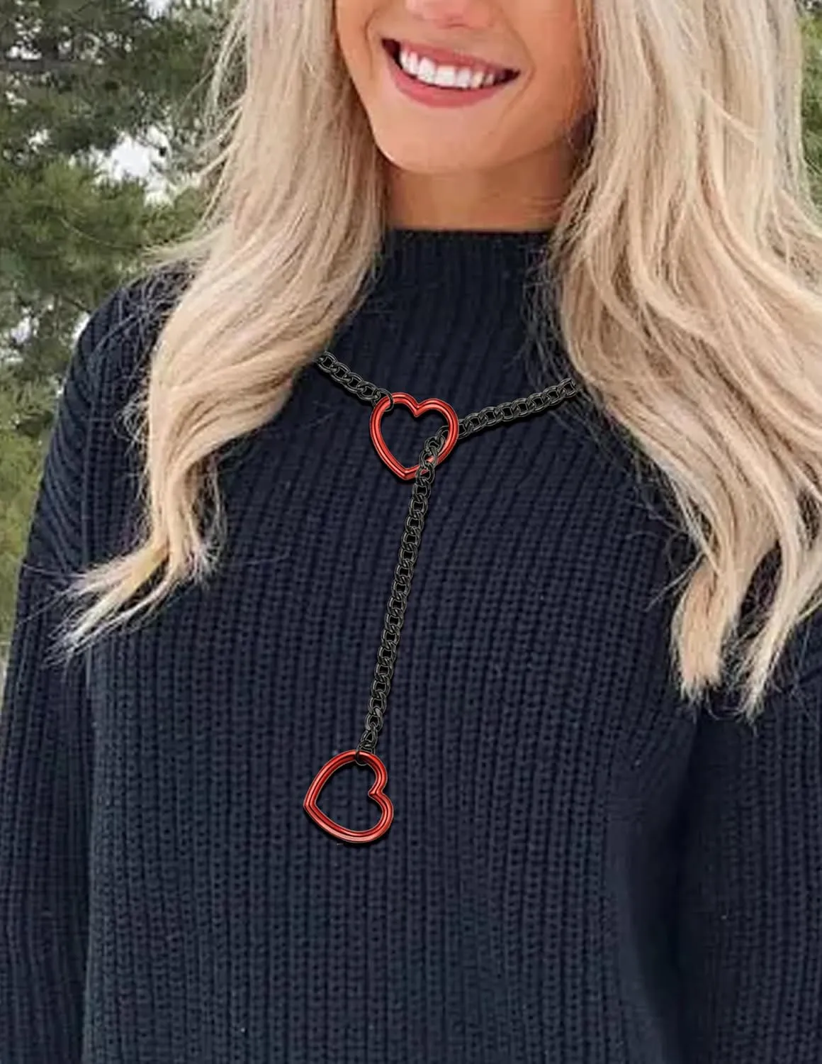 Heart Slip Chain Necklace for Women Men Stainless Steel Adjustable O-Ring Lariat Cuban Collar Choker Necklace Jewelry Punk Rock Gothic Y-Necklace Black Silver Tone
