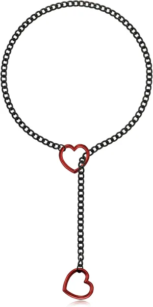 Heart Slip Chain Necklace for Women Men Stainless Steel Adjustable O-Ring Lariat Cuban Collar Choker Necklace Jewelry Punk Rock Gothic Y-Necklace Black Silver Tone