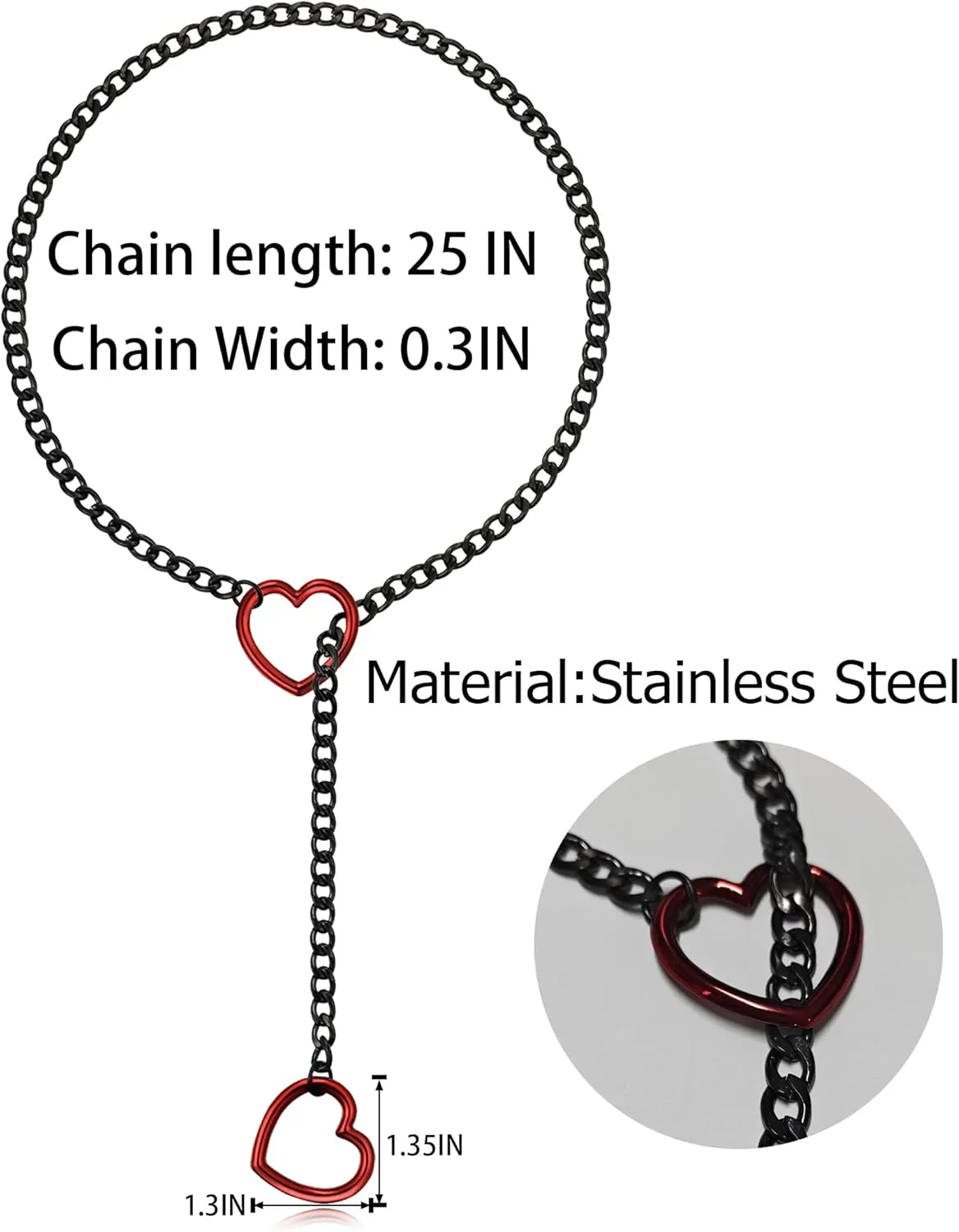 Heart Slip Chain Necklace for Women Men Stainless Steel Adjustable O-Ring Lariat Cuban Collar Choker Necklace Jewelry Punk Rock Gothic Y-Necklace Black Silver Tone