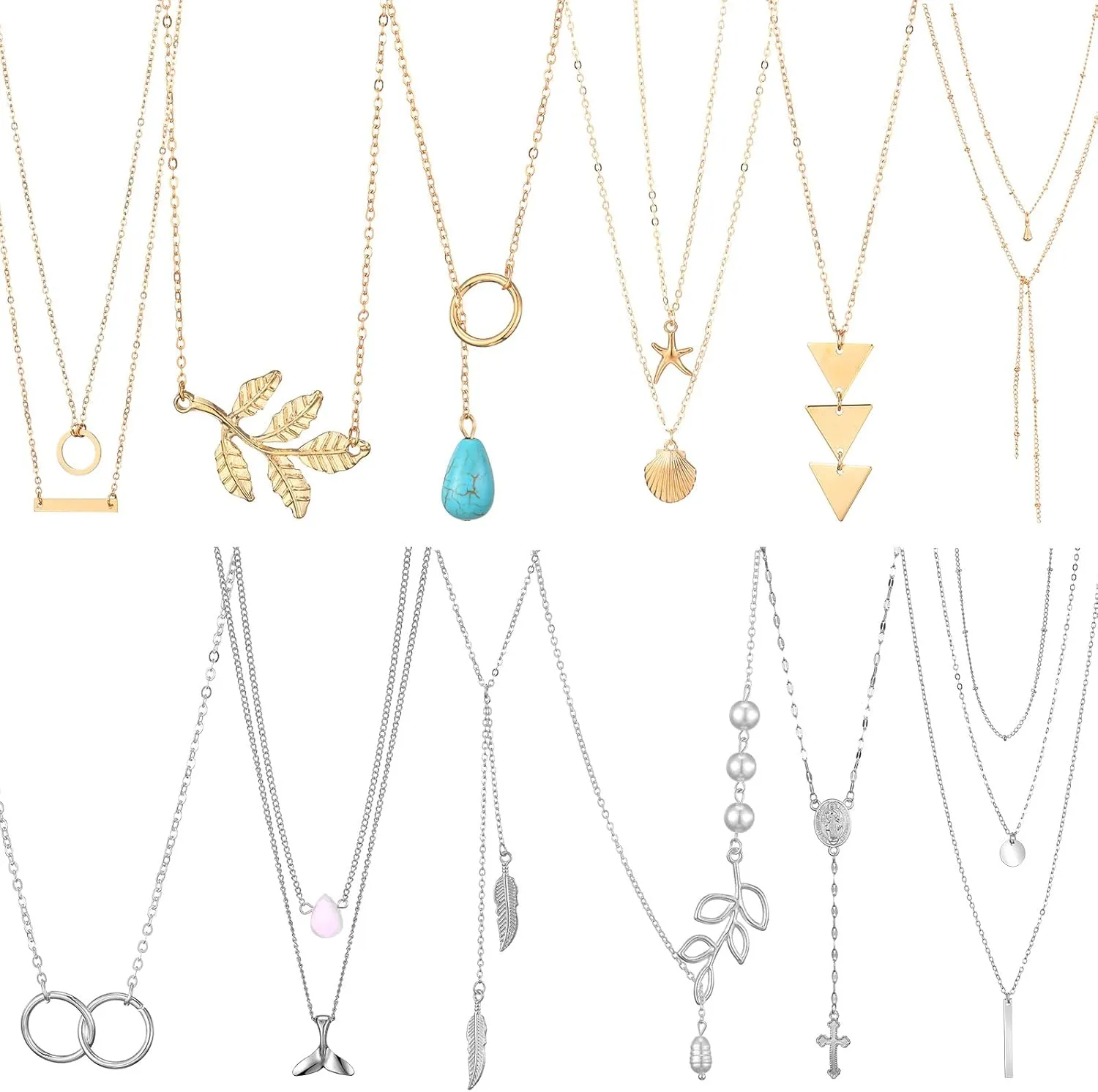 Hicarer 12 Pieces Long Pendant Necklace Set Y Tassel Leaf Circle Bar Necklace for Women