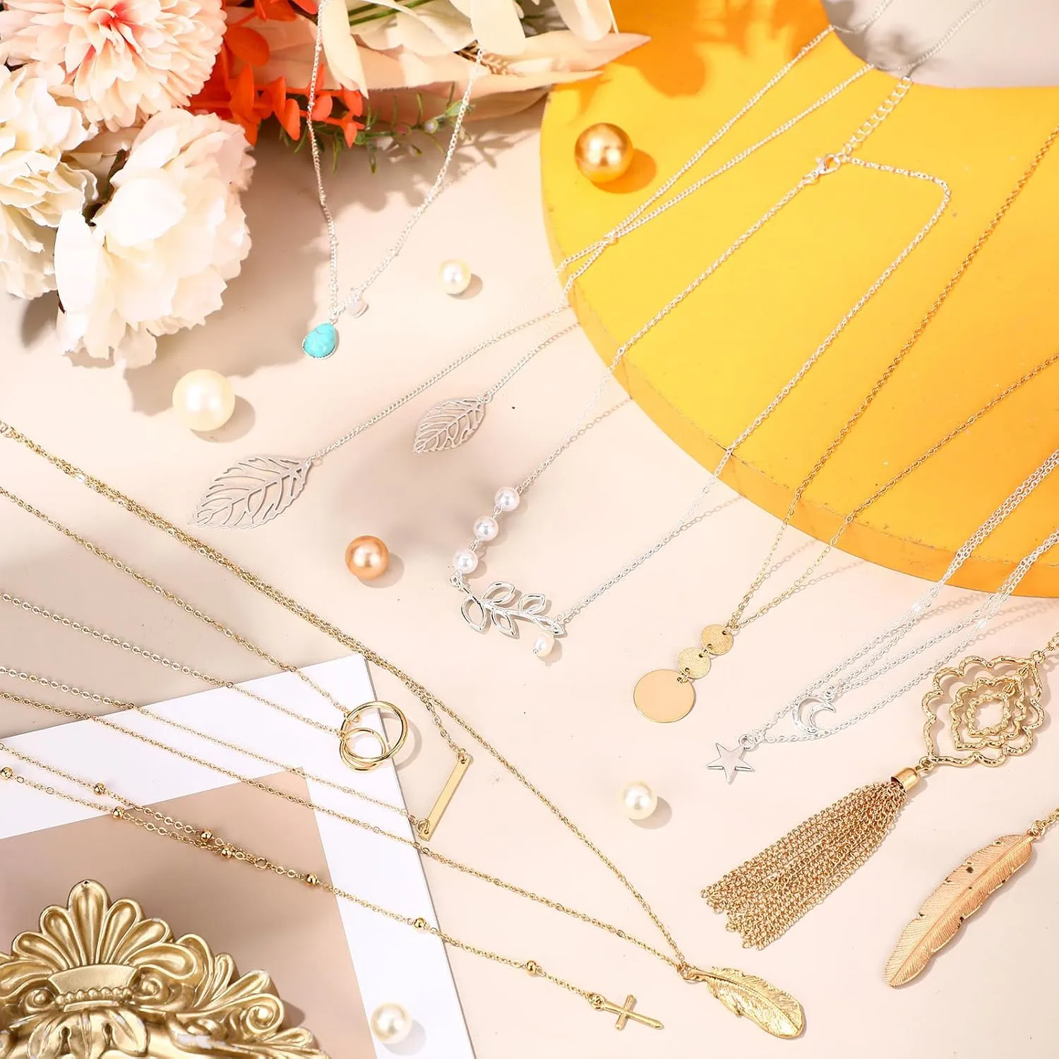 Hicarer 12 Pieces Long Pendant Necklace Set Y Tassel Leaf Circle Bar Necklace for Women