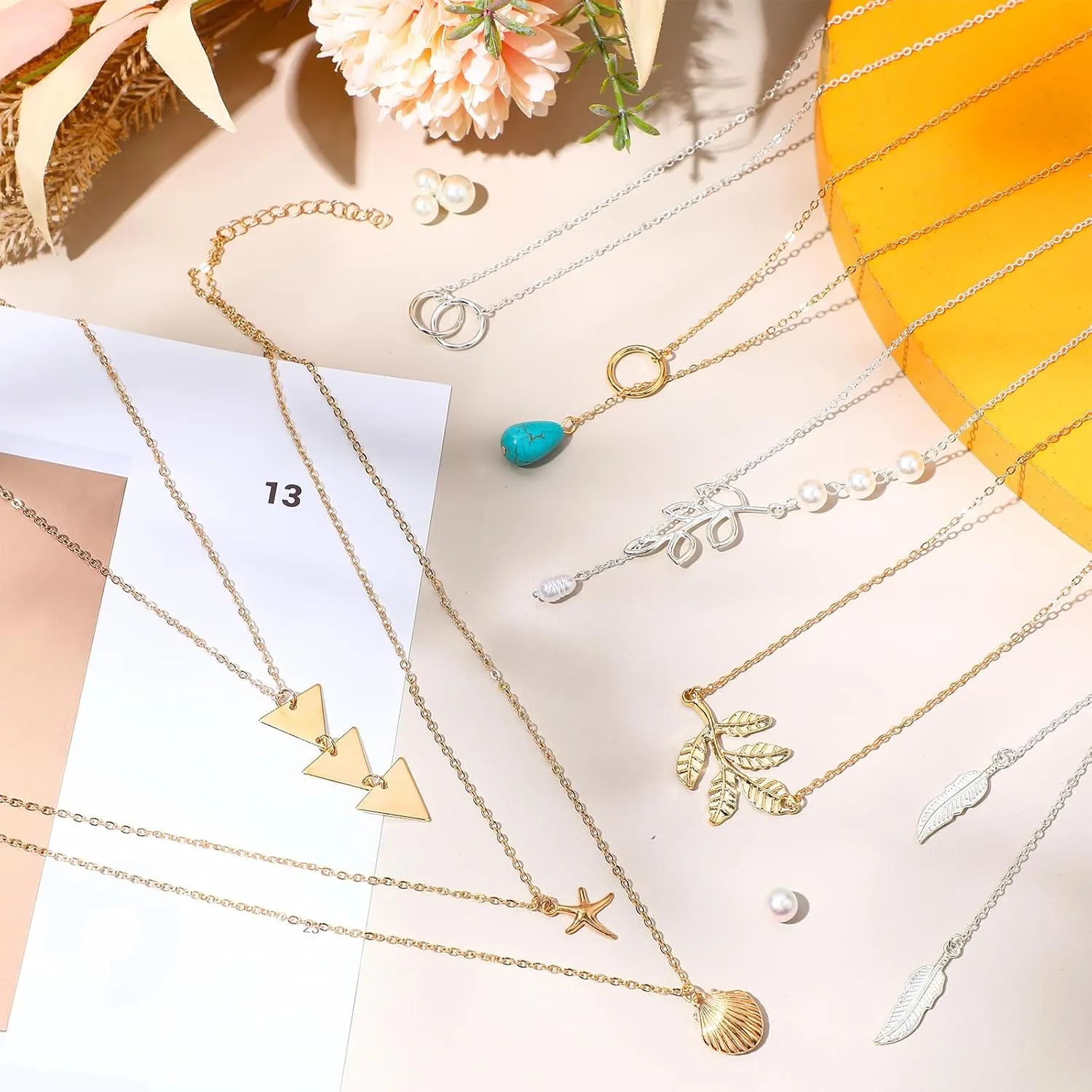 Hicarer 12 Pieces Long Pendant Necklace Set Y Tassel Leaf Circle Bar Necklace for Women