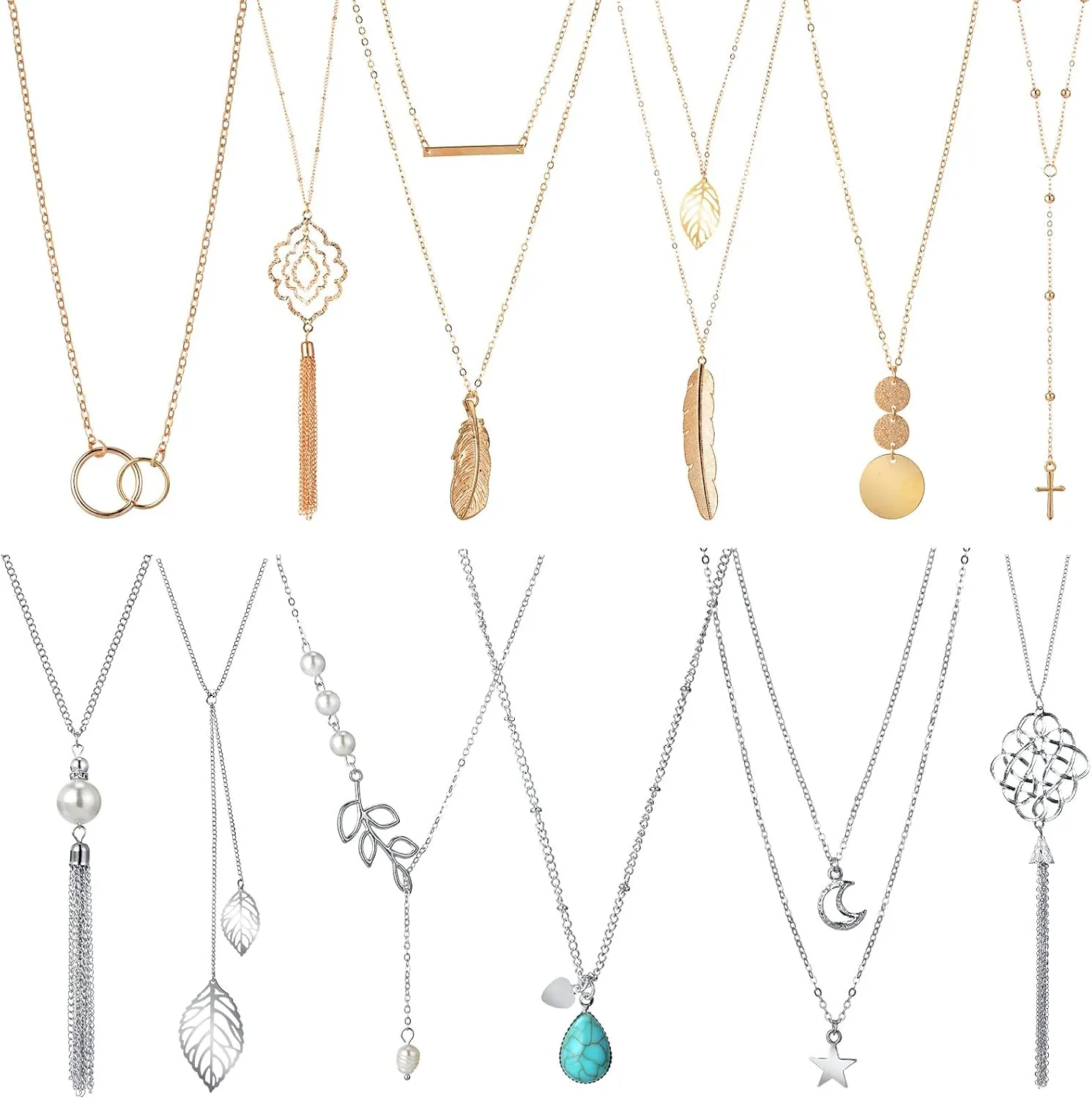 Hicarer 12 Pieces Long Pendant Necklace Set Y Tassel Leaf Circle Bar Necklace for Women