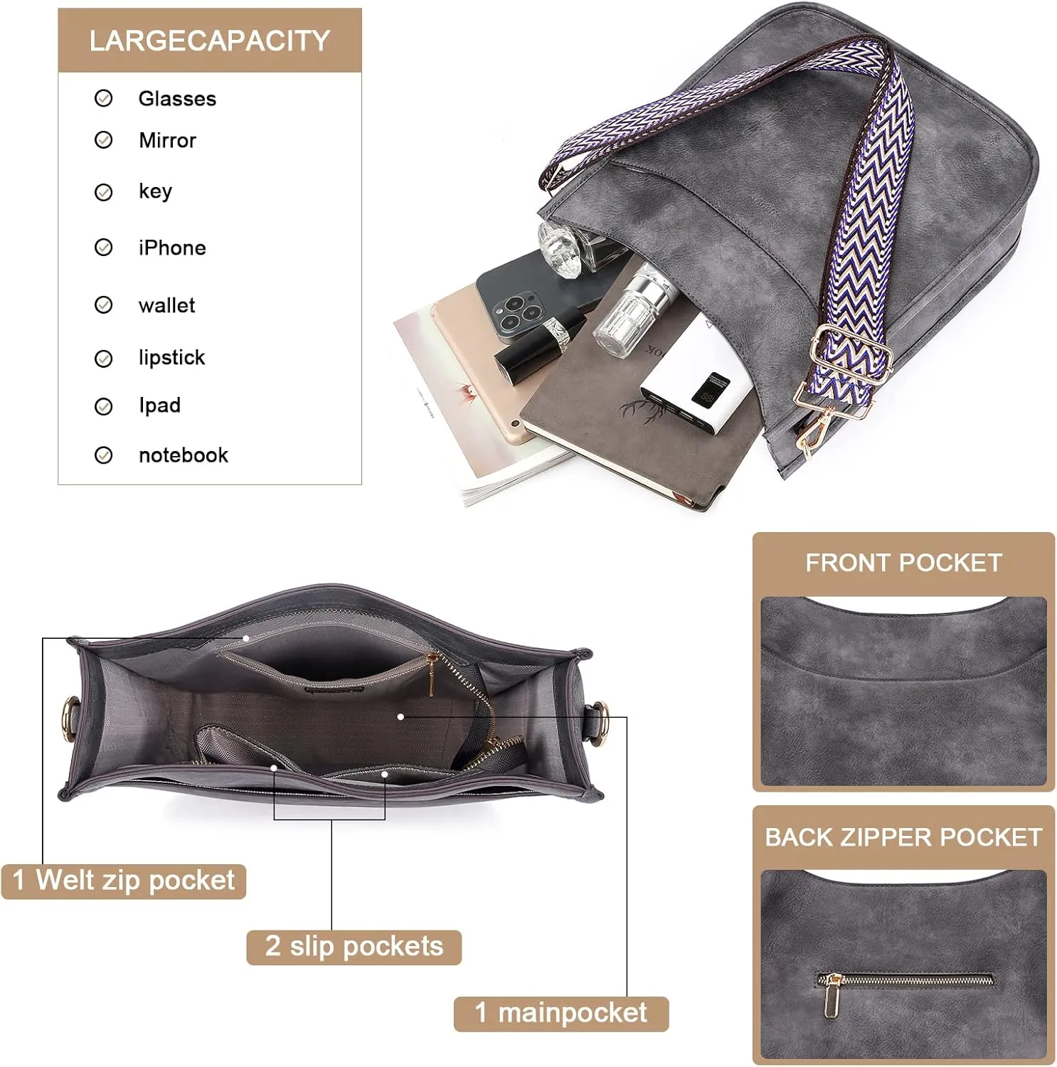 HKCLUF Crossbody Bag for Women Vegan Leather Hobo Handbags Guitar Strap Purse Shoulder Bucket Bag with 2PCS Adjustable Straps