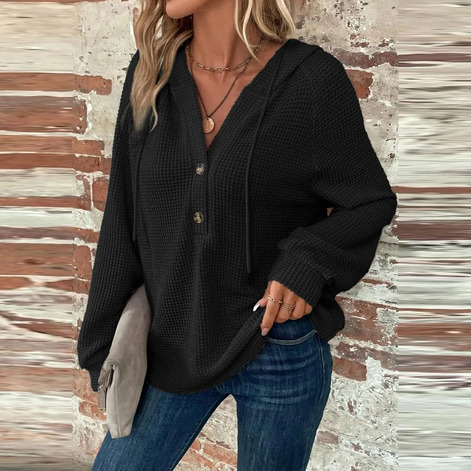 Hoodies for Women Waffle Knit Drawstring Button V Neck Long Sleeve Casual Pullover Sweatshirt Hooded Tops Oversized