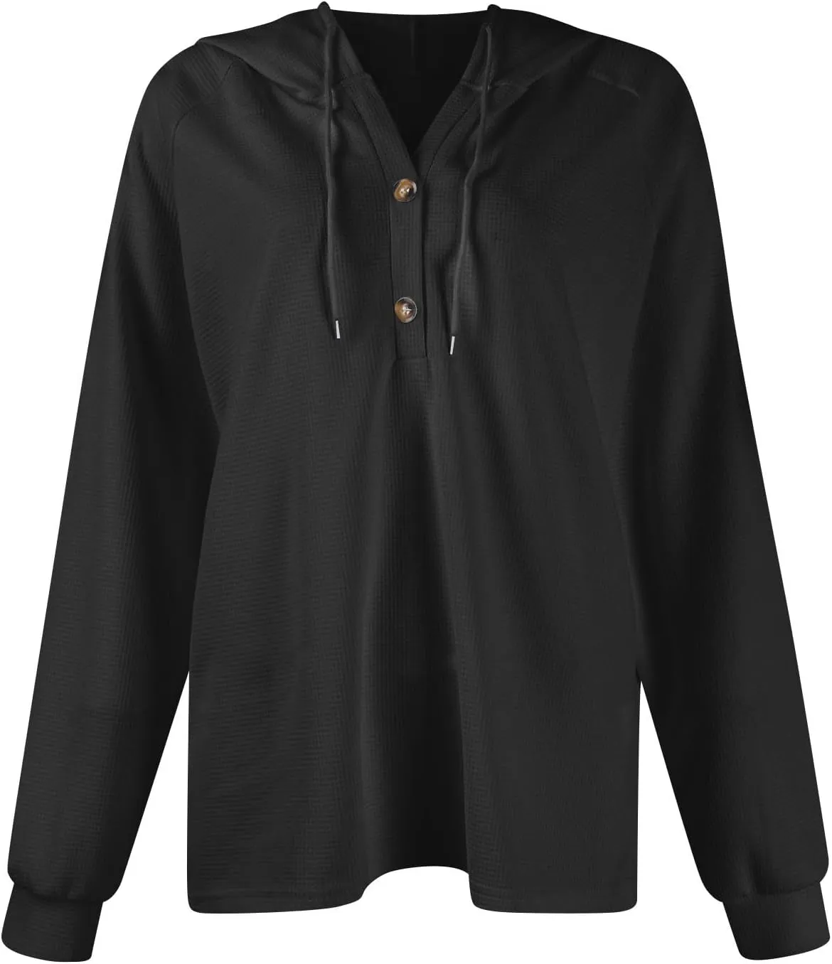 Hoodies for Women Waffle Knit Drawstring Button V Neck Long Sleeve Casual Pullover Sweatshirt Hooded Tops Oversized