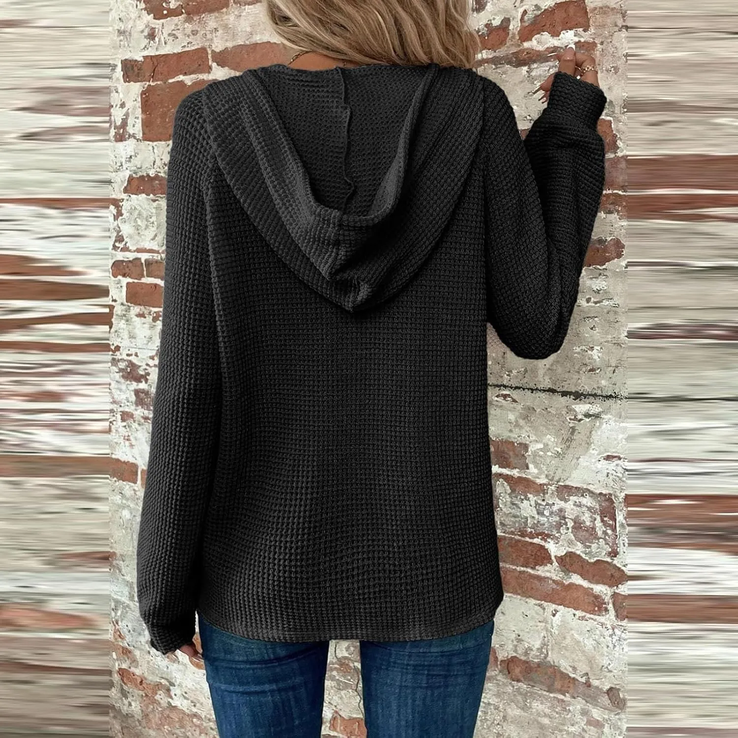 Hoodies for Women Waffle Knit Drawstring Button V Neck Long Sleeve Casual Pullover Sweatshirt Hooded Tops Oversized