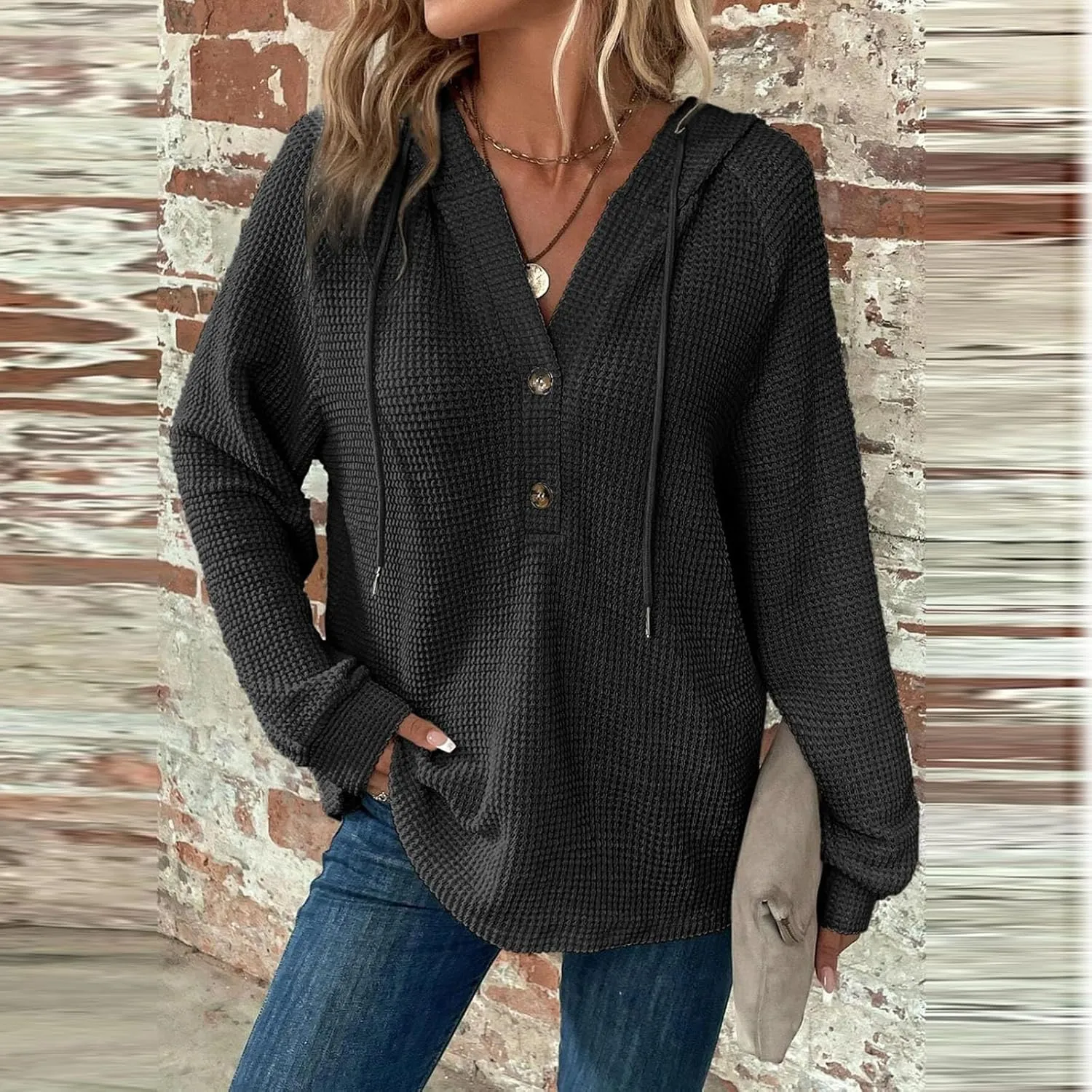 Hoodies for Women Waffle Knit Drawstring Button V Neck Long Sleeve Casual Pullover Sweatshirt Hooded Tops Oversized