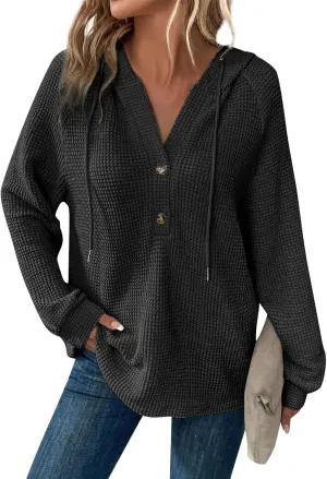 Hoodies for Women Waffle Knit Drawstring Button V Neck Long Sleeve Casual Pullover Sweatshirt Hooded Tops Oversized