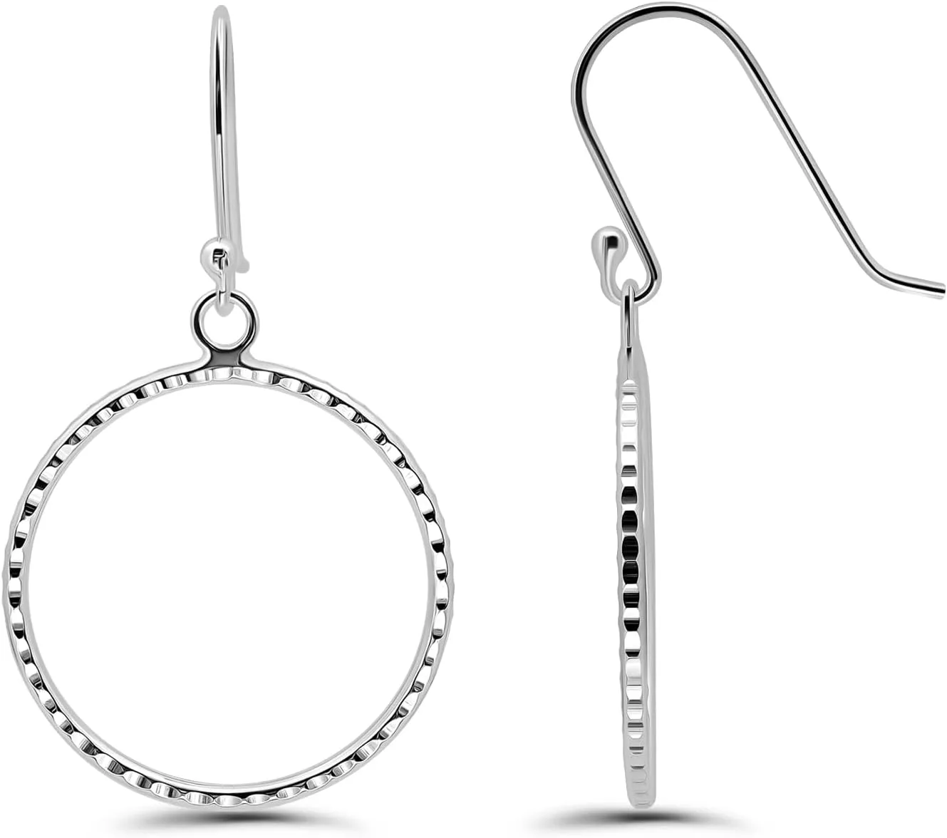 Hoops & Loops 925 Sterling Silver Hammered Circle Round Dangle Hook Earrings for Women, Silver, Yellow & Rose Gold